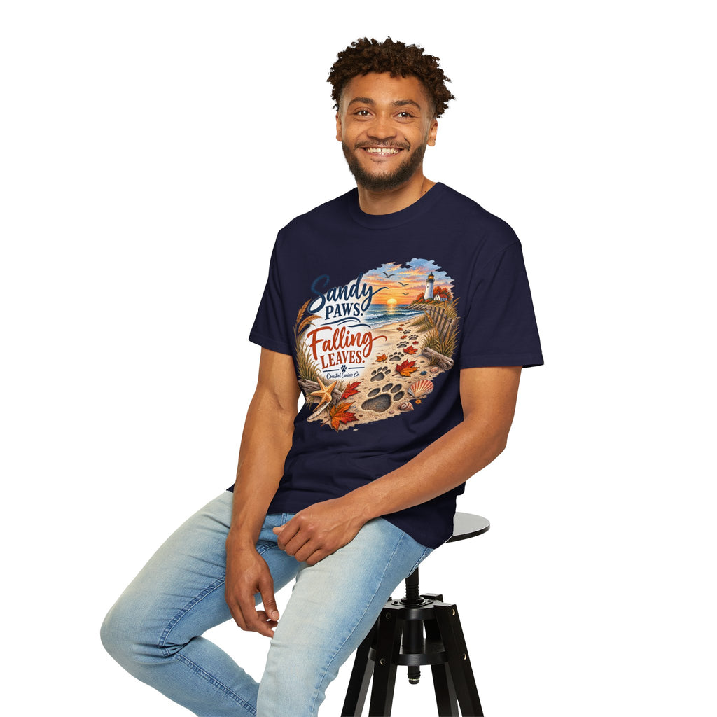 Sandy Paws Falling Leaves Beach T-Shirt — Autumn Coastal Dog Lover Tee