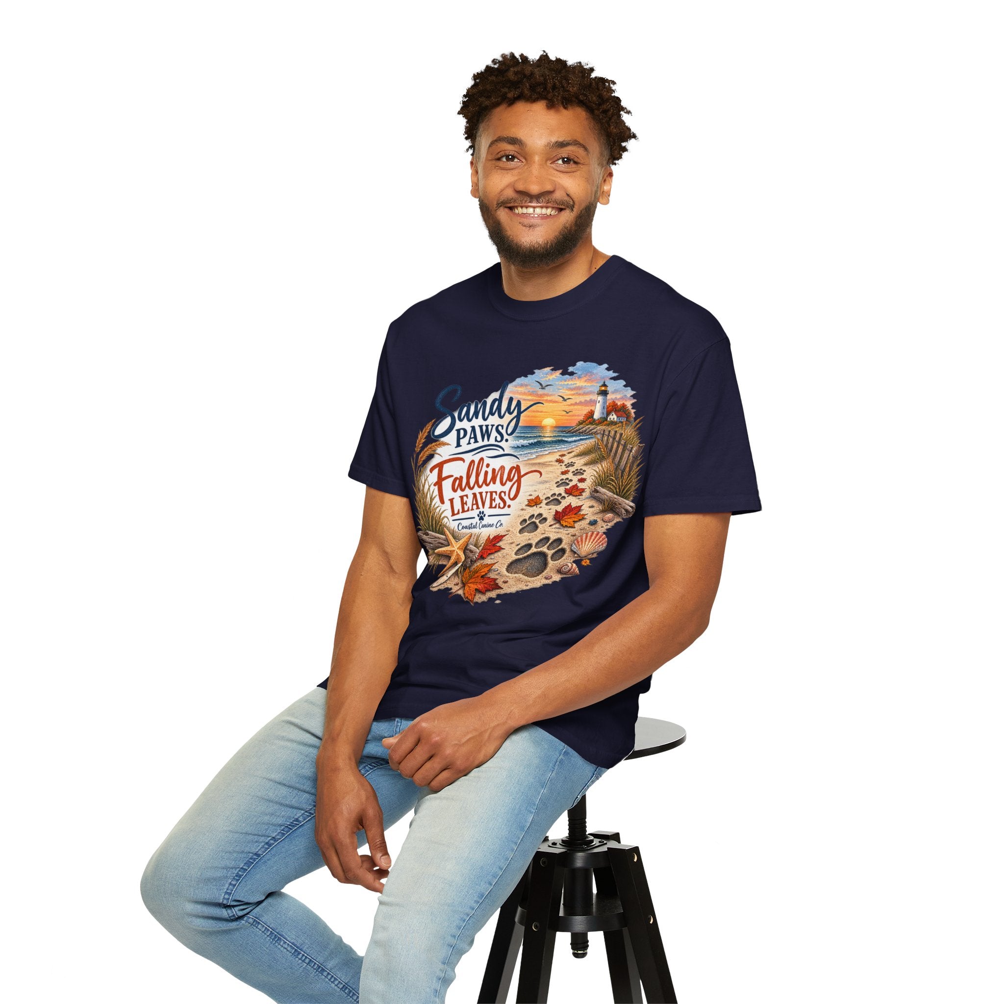 Sandy Paws Falling Leaves Beach T-Shirt — Autumn Coastal Dog Lover Tee