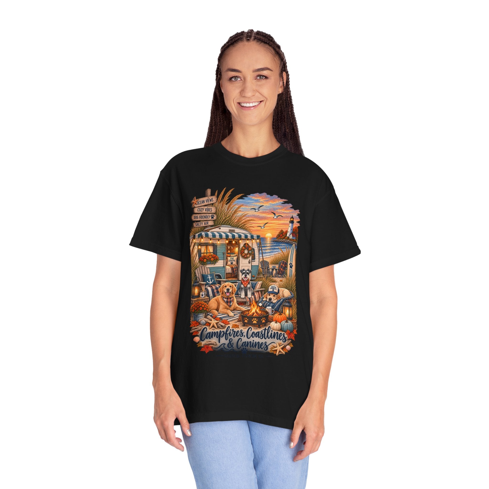 Campfires, Coastlines & Canines T-Shirt — Retro Camper Dog Camping Graphic Tee
