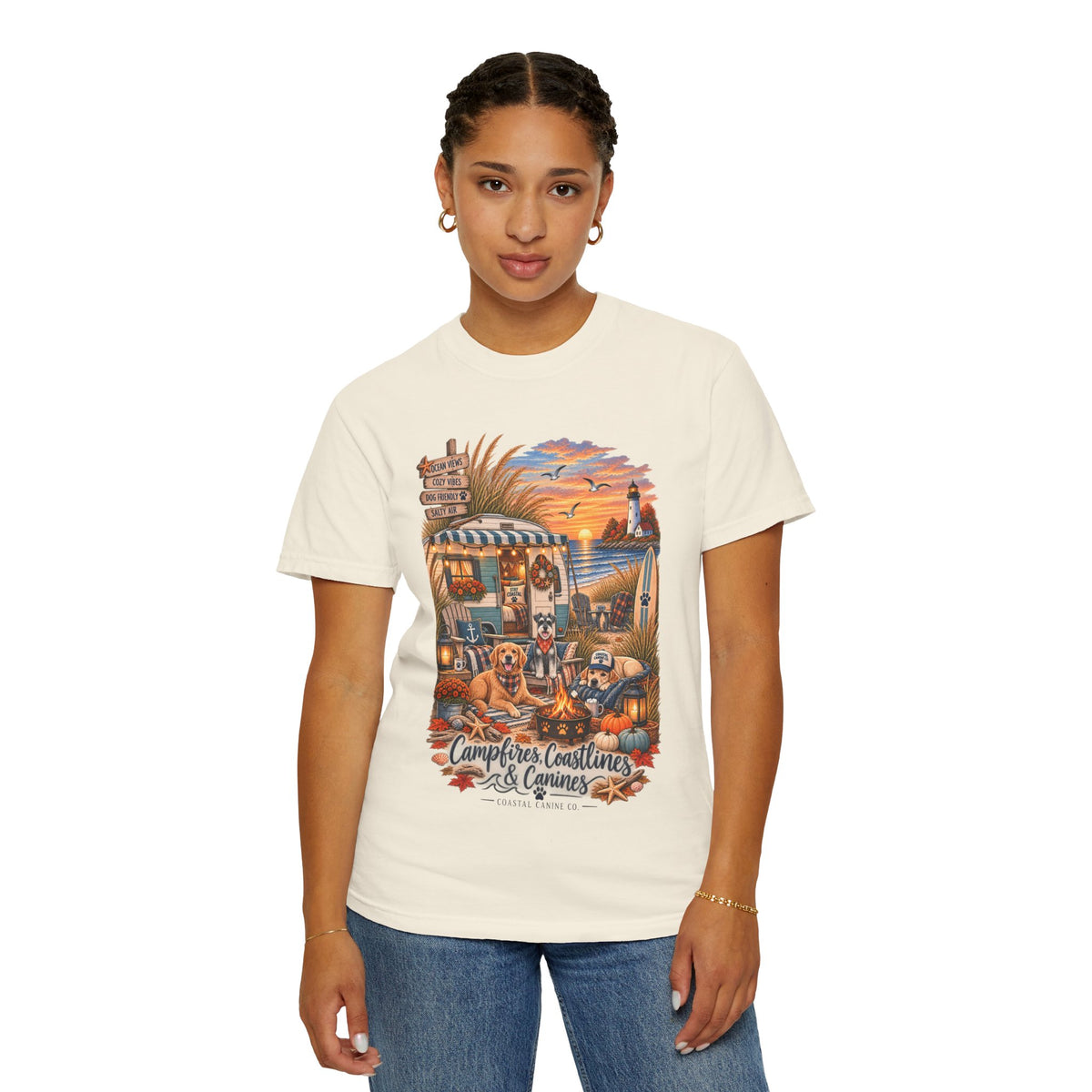 Campfires, Coastlines & Canines T-Shirt — Retro Camper Dog Camping Graphic Tee