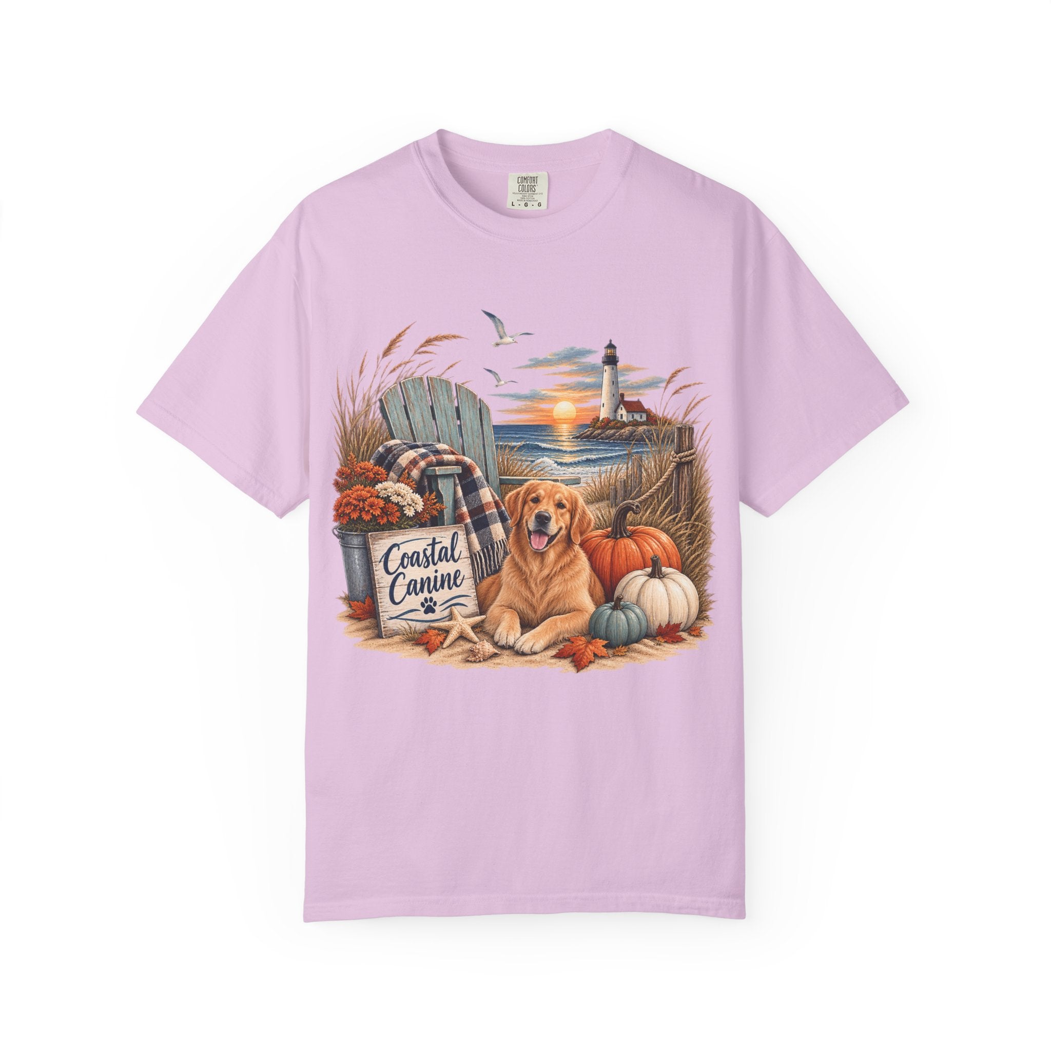 Coastal Canine Fall T-Shirt — Lighthouse, Labrador & Pumpkin Beach Tee