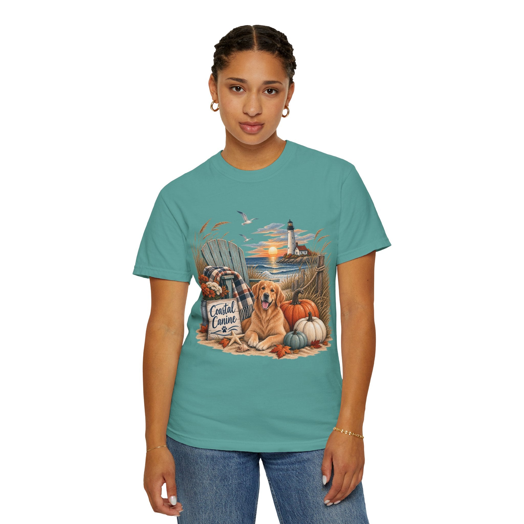 Coastal Canine Fall T-Shirt — Lighthouse, Labrador & Pumpkin Beach Tee