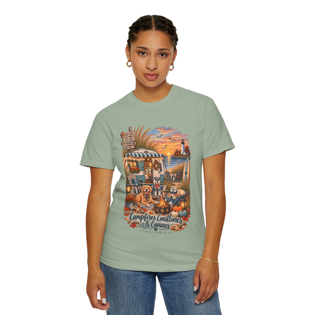Campfires, Coastlines & Canines T-Shirt — Retro Camper Dog Camping Graphic Tee