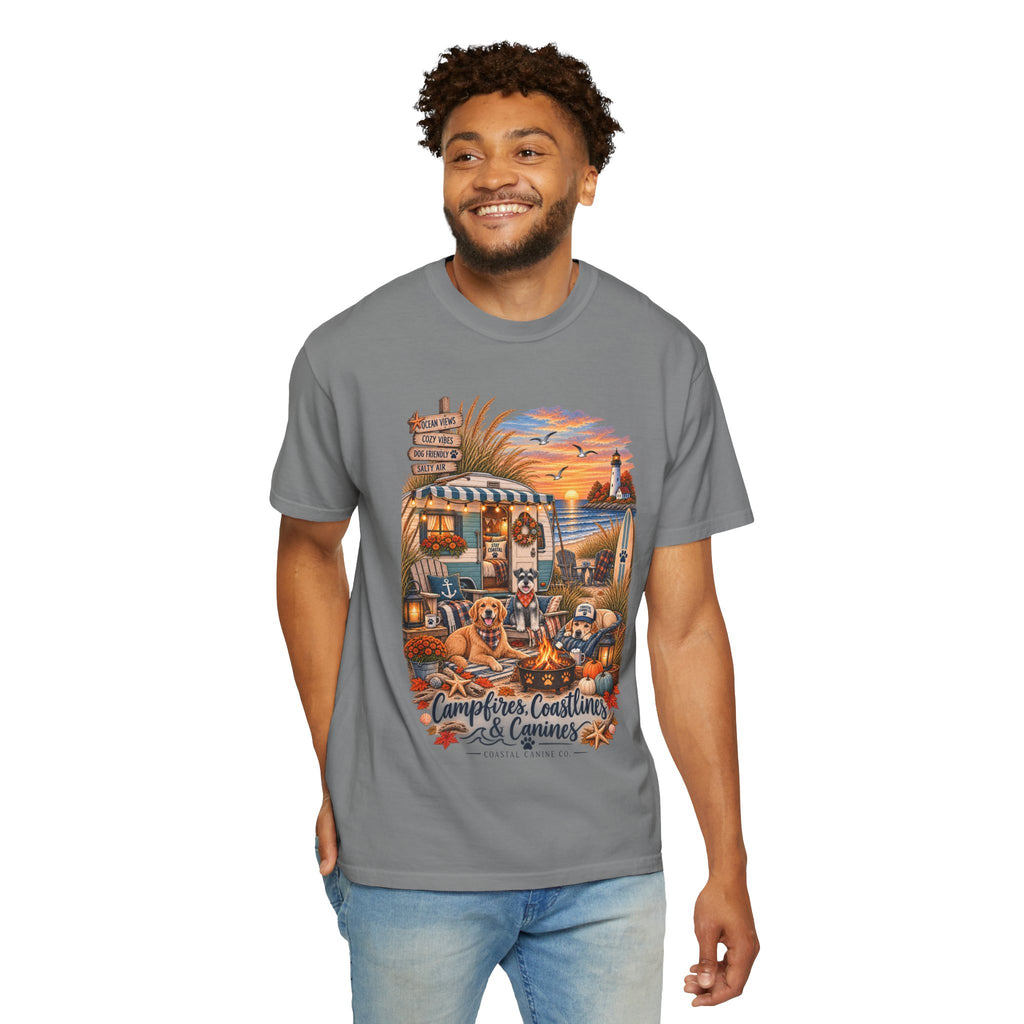 Campfires, Coastlines & Canines T-Shirt — Retro Camper Dog Camping Graphic Tee