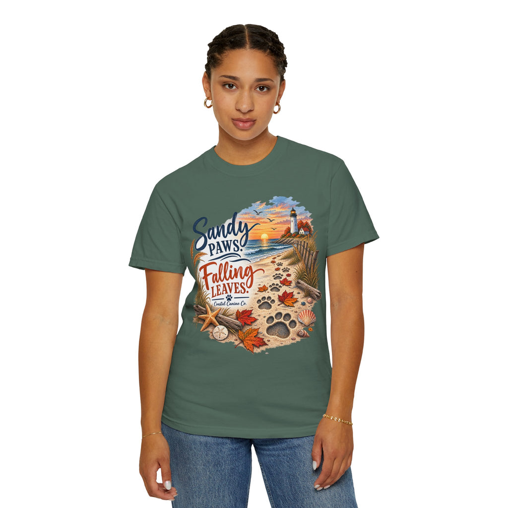 Sandy Paws Falling Leaves Beach T-Shirt — Autumn Coastal Dog Lover Tee