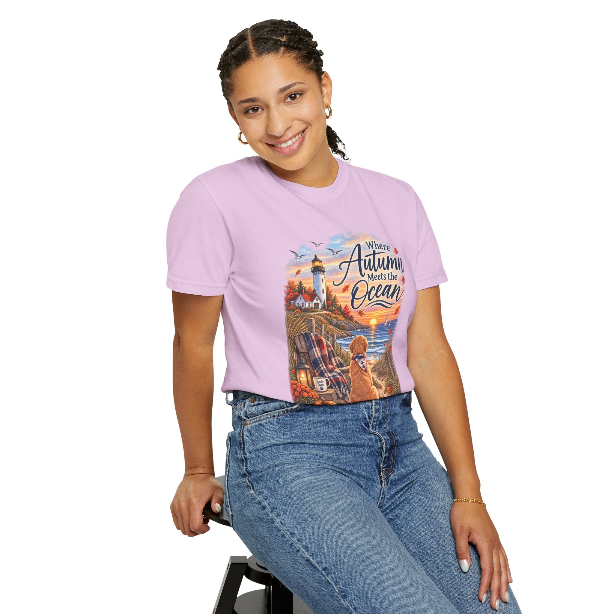 Autumn Meets the Ocean T-Shirt — Cozy Coastal Fall Tee with Golden Retriever