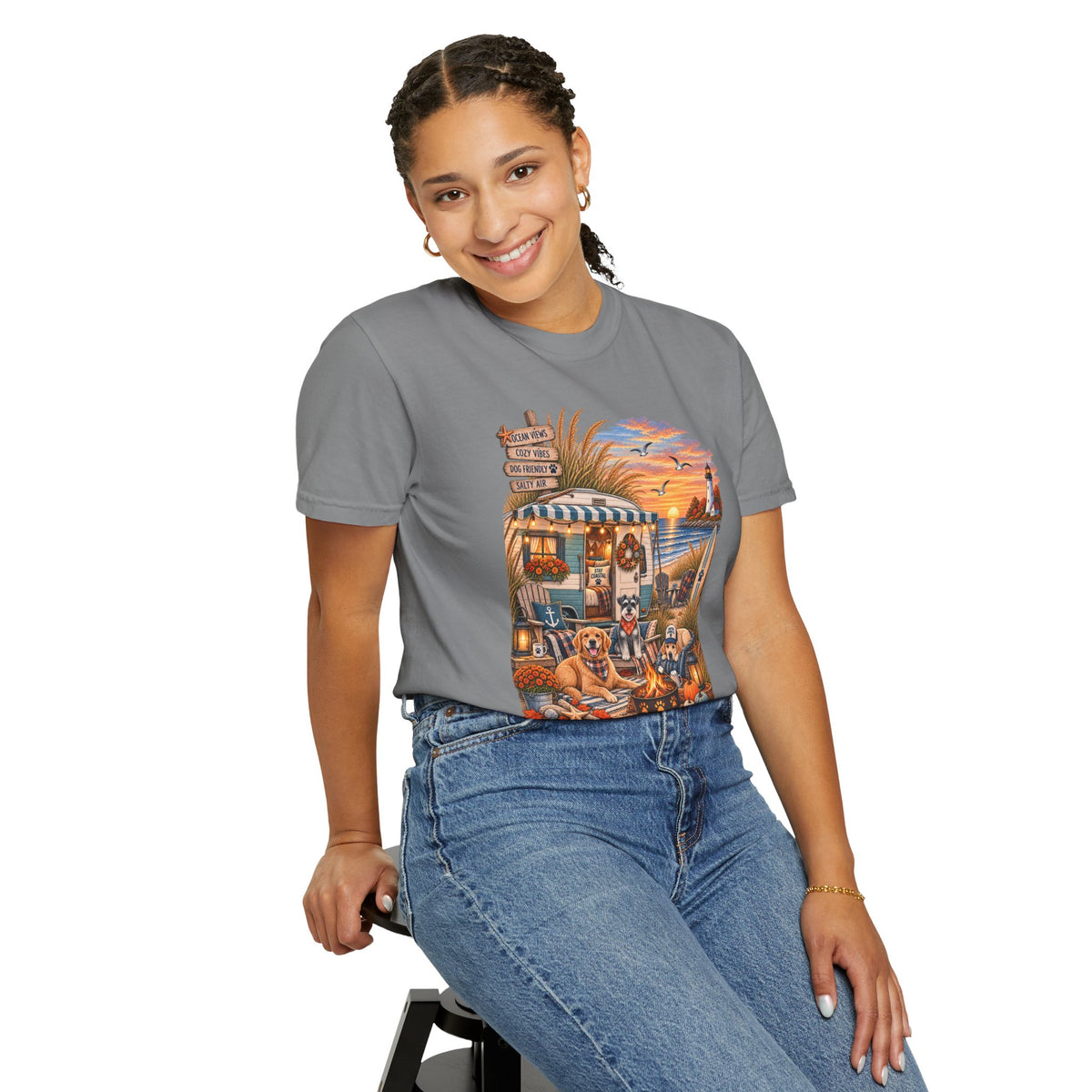 Campfires, Coastlines & Canines T-Shirt — Retro Camper Dog Camping Graphic Tee