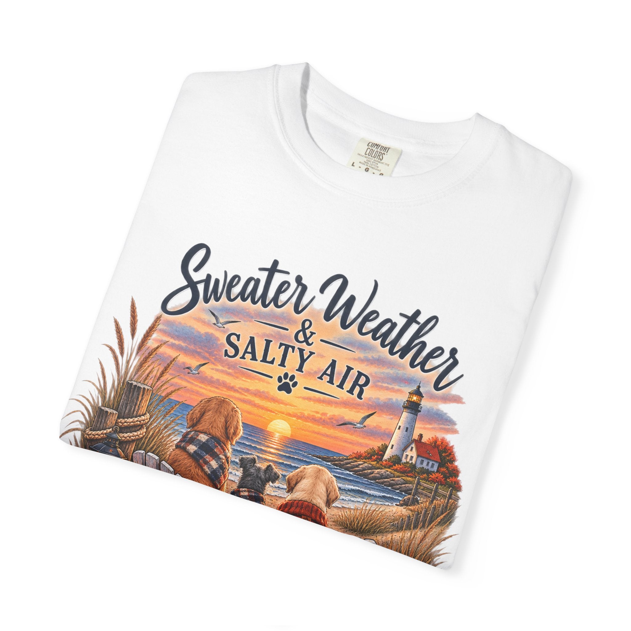 Sweater Weather & Salty Air T-Shirt — Autumn Beach Sunset Graphic Tee