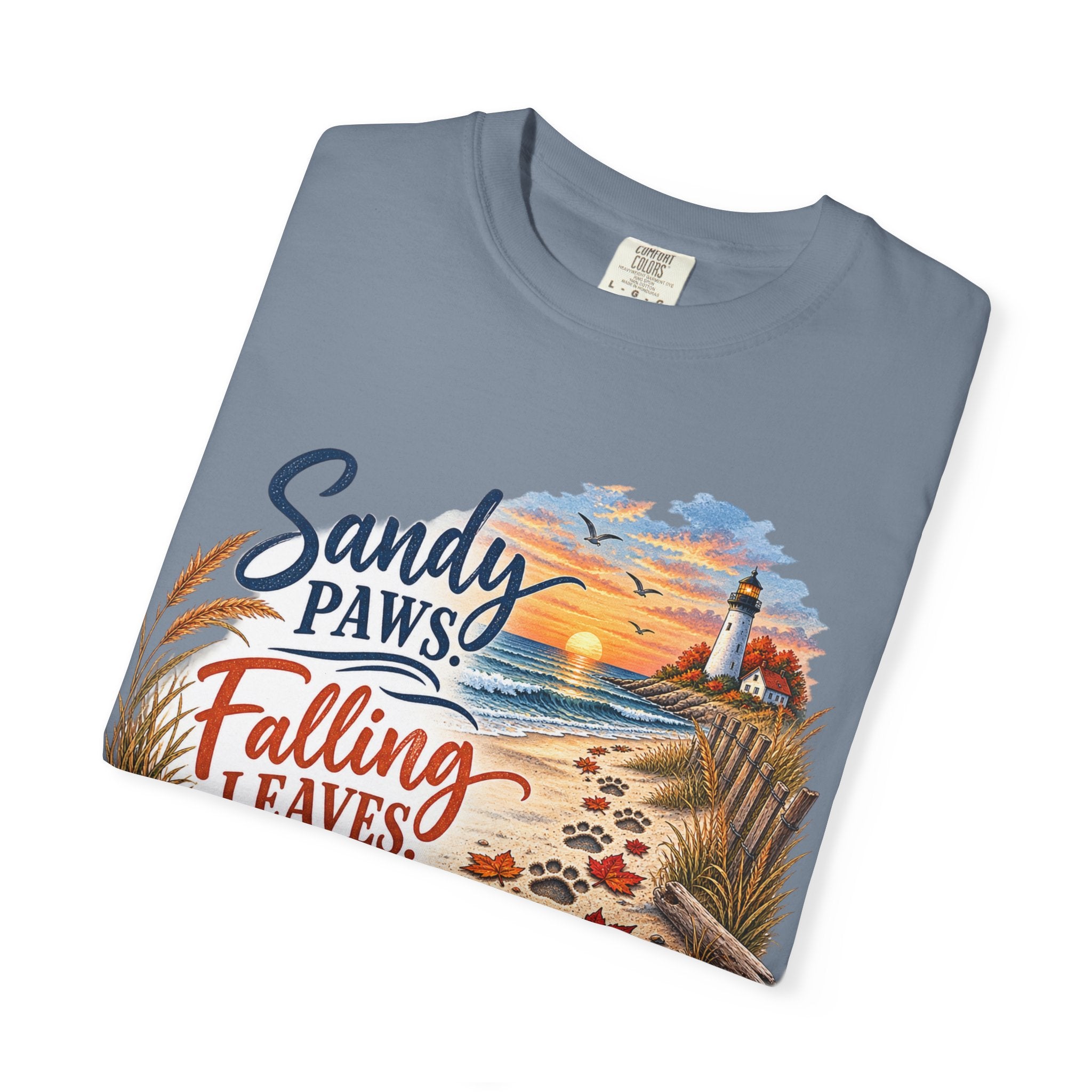 Sandy Paws Falling Leaves Beach T-Shirt — Autumn Coastal Dog Lover Tee