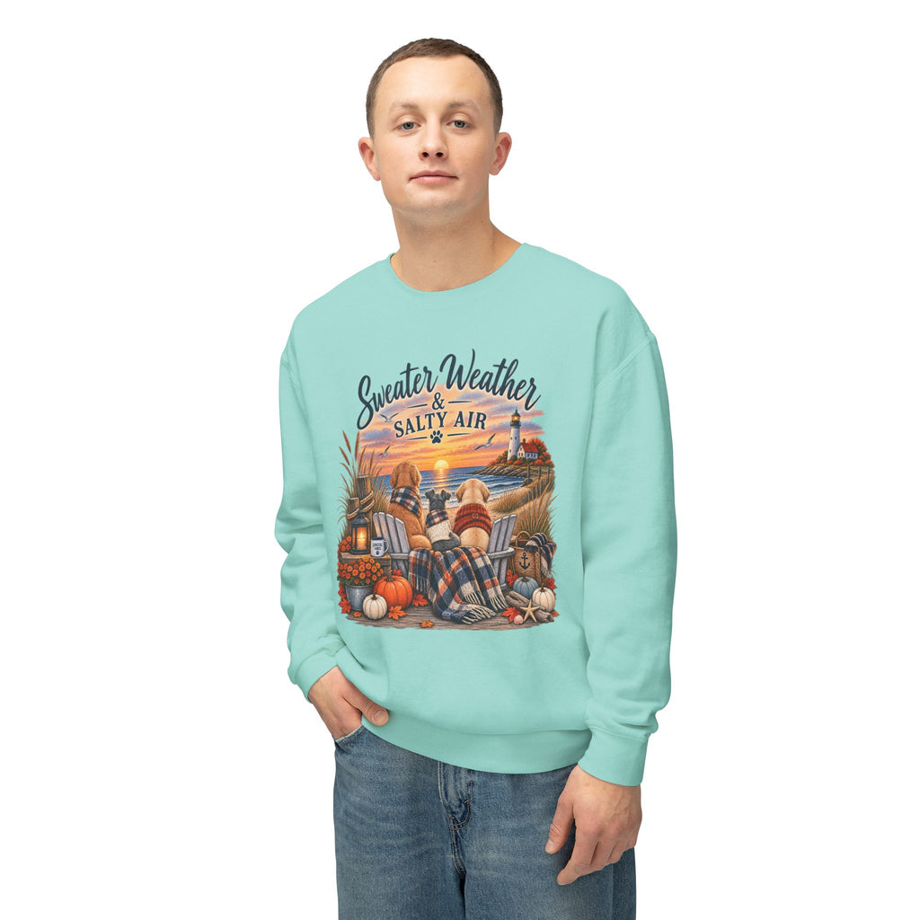 Sweater Weather & Salty Air Crewneck Sweatshirt — Coastal Fall Sunset Design