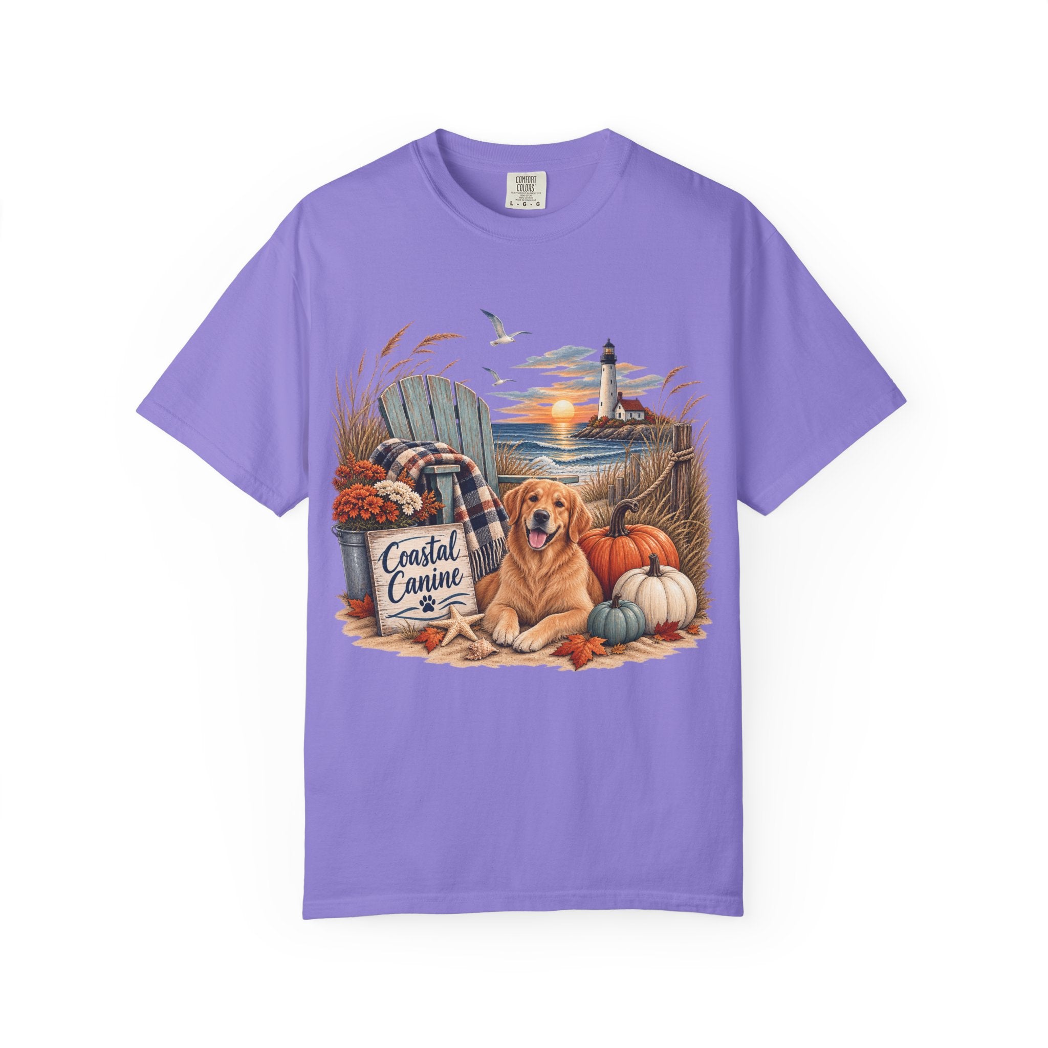 Coastal Canine Fall T-Shirt — Lighthouse, Labrador & Pumpkin Beach Tee