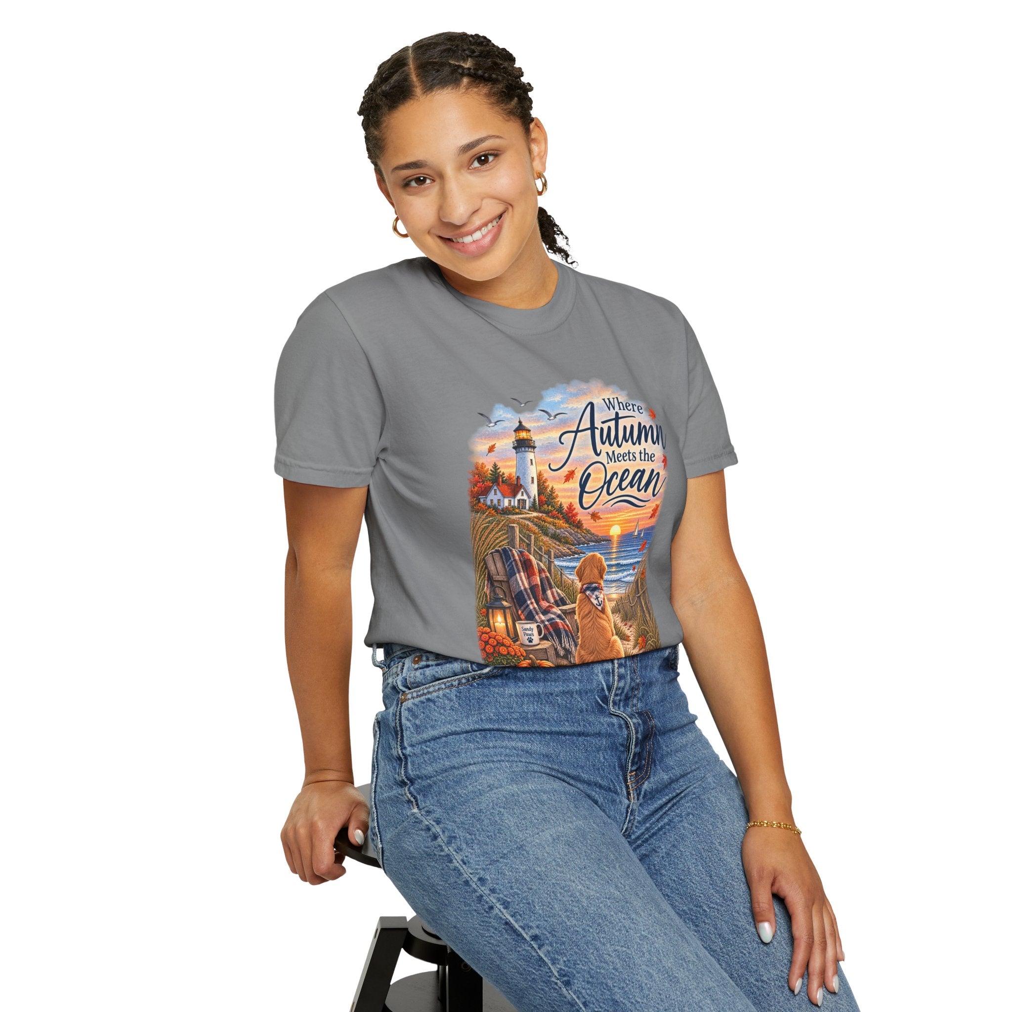Autumn Meets the Ocean T-Shirt — Cozy Coastal Fall Tee with Golden Retriever