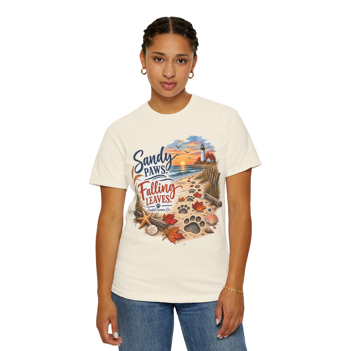 Sandy Paws Falling Leaves Beach T-Shirt — Autumn Coastal Dog Lover Tee