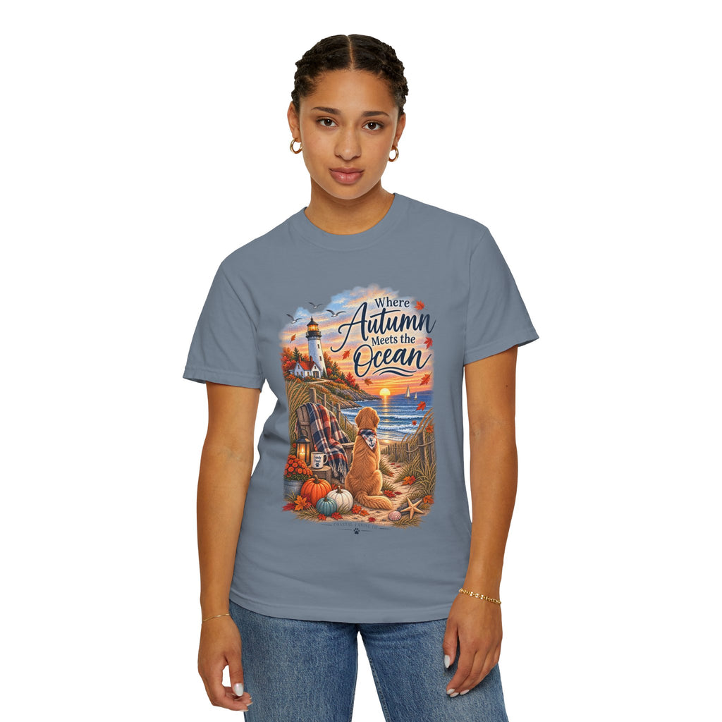 Autumn Meets the Ocean T-Shirt — Cozy Coastal Fall Tee with Golden Retriever