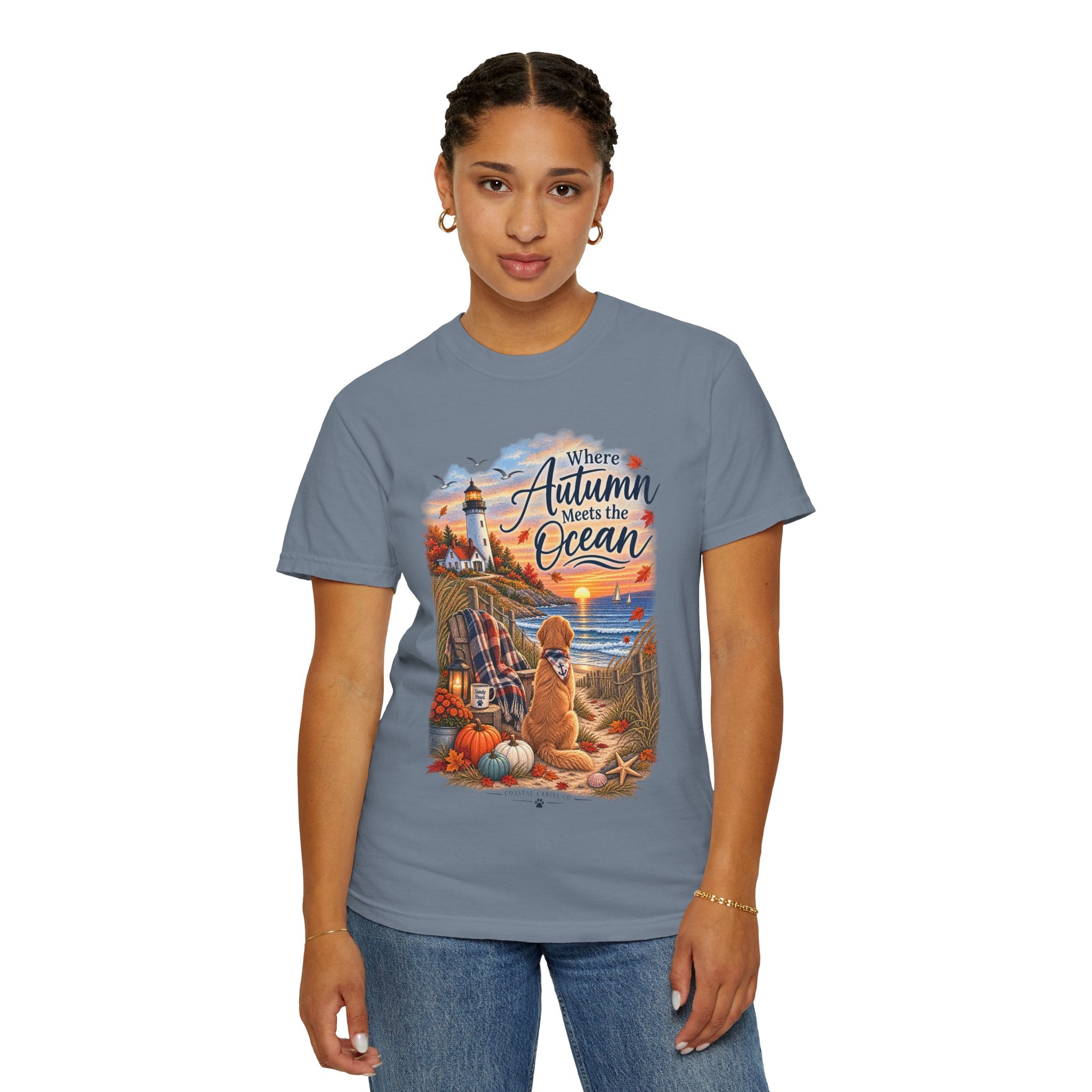 Autumn Meets the Ocean T-Shirt — Cozy Coastal Fall Tee with Golden Retriever