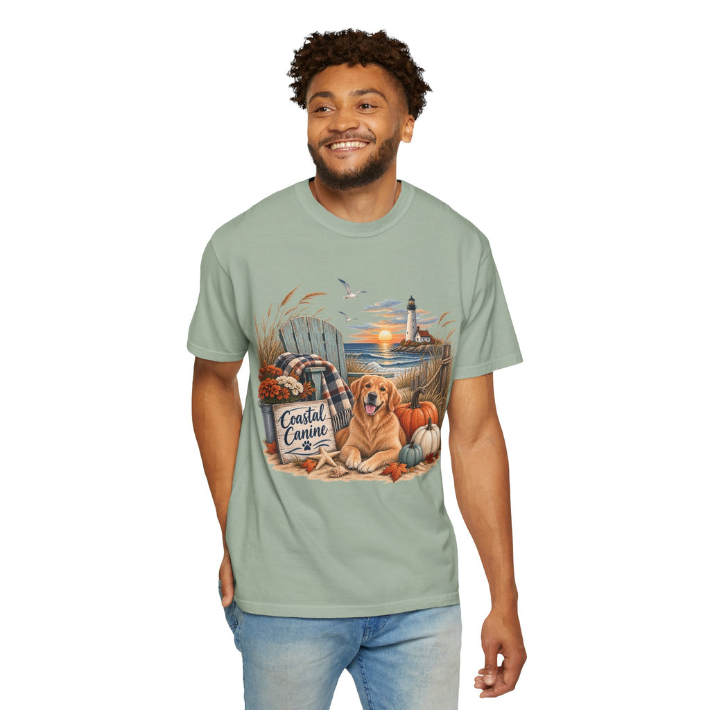 Coastal Canine Fall T-Shirt — Lighthouse, Labrador & Pumpkin Beach Tee