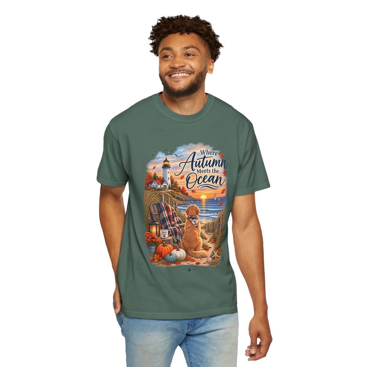 Autumn Meets the Ocean T-Shirt — Cozy Coastal Fall Tee with Golden Retriever