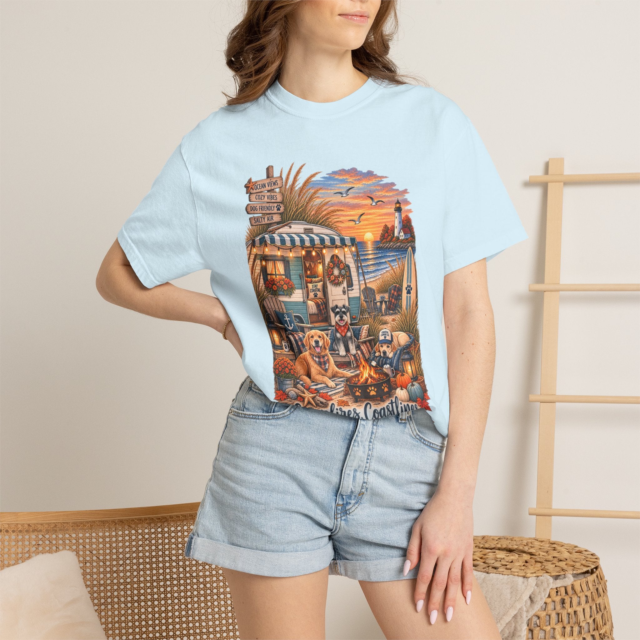Campfires, Coastlines & Canines T-Shirt — Retro Camper Dog Camping Graphic Tee