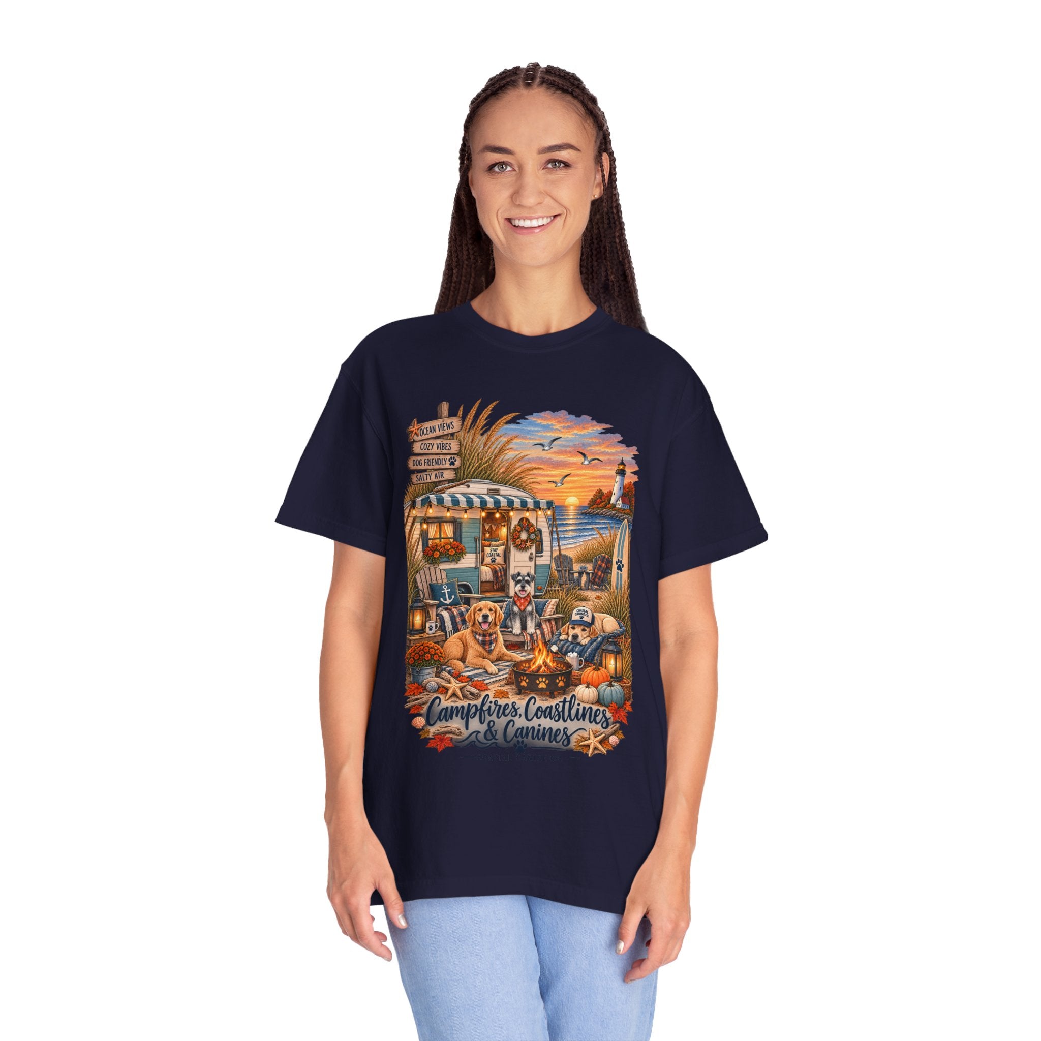 Campfires, Coastlines & Canines T-Shirt — Retro Camper Dog Camping Graphic Tee