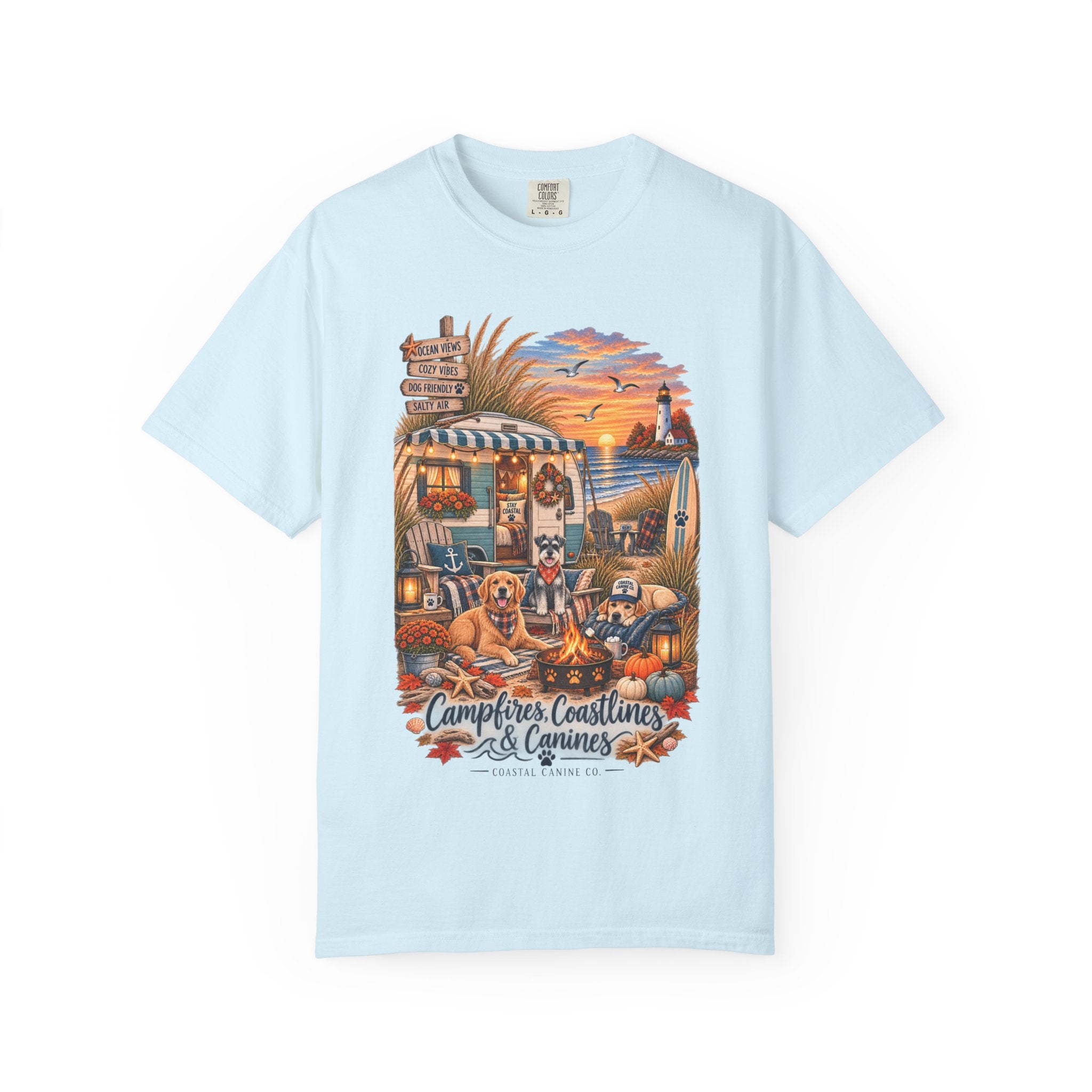 Campfires, Coastlines & Canines T-Shirt — Retro Camper Dog Camping Graphic Tee