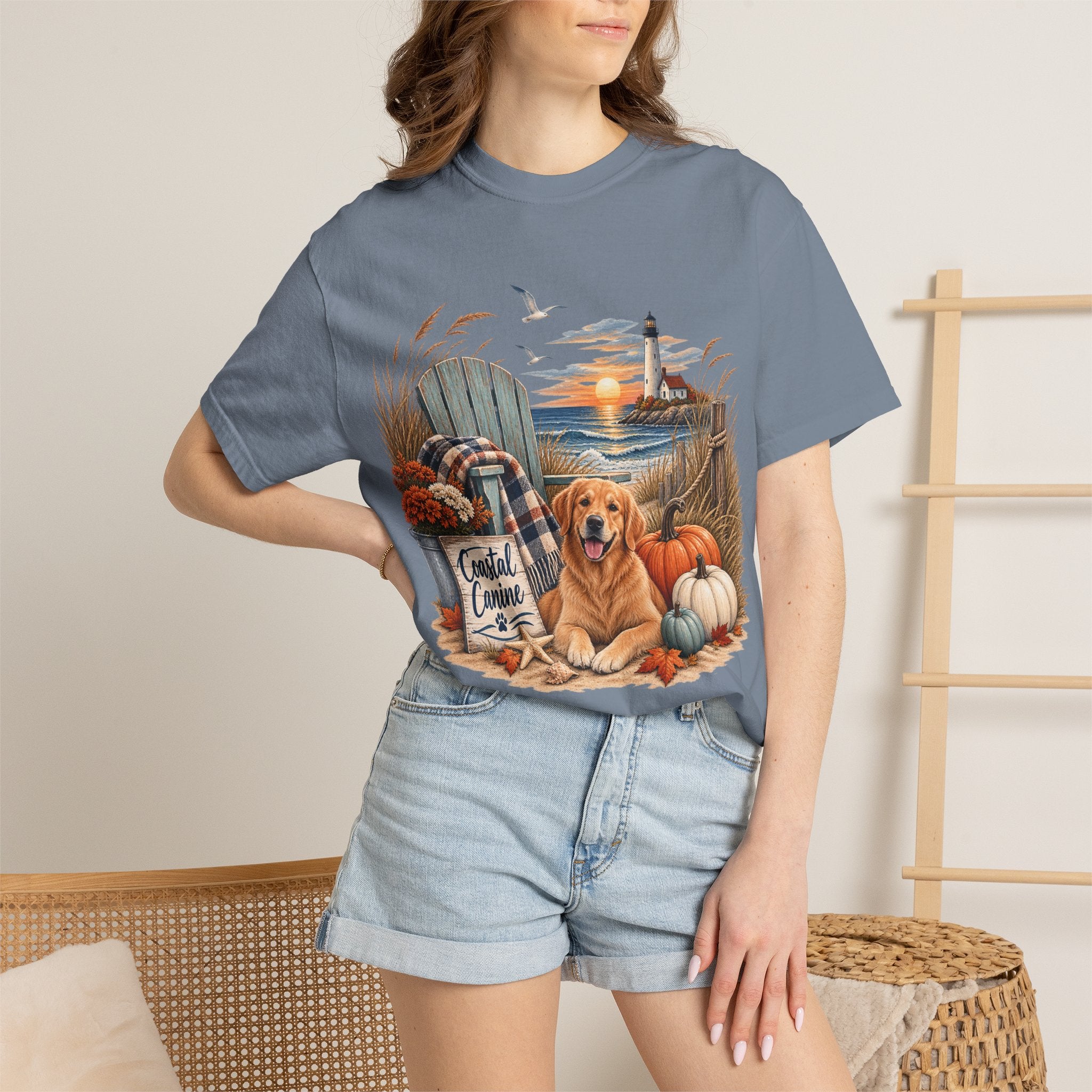 Coastal Canine Fall T-Shirt — Lighthouse, Labrador & Pumpkin Beach Tee