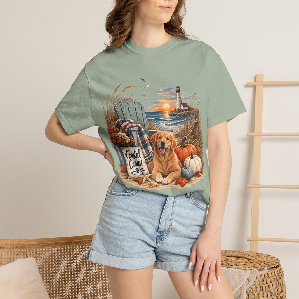 Coastal Canine Fall T-Shirt — Lighthouse, Labrador & Pumpkin Beach Tee