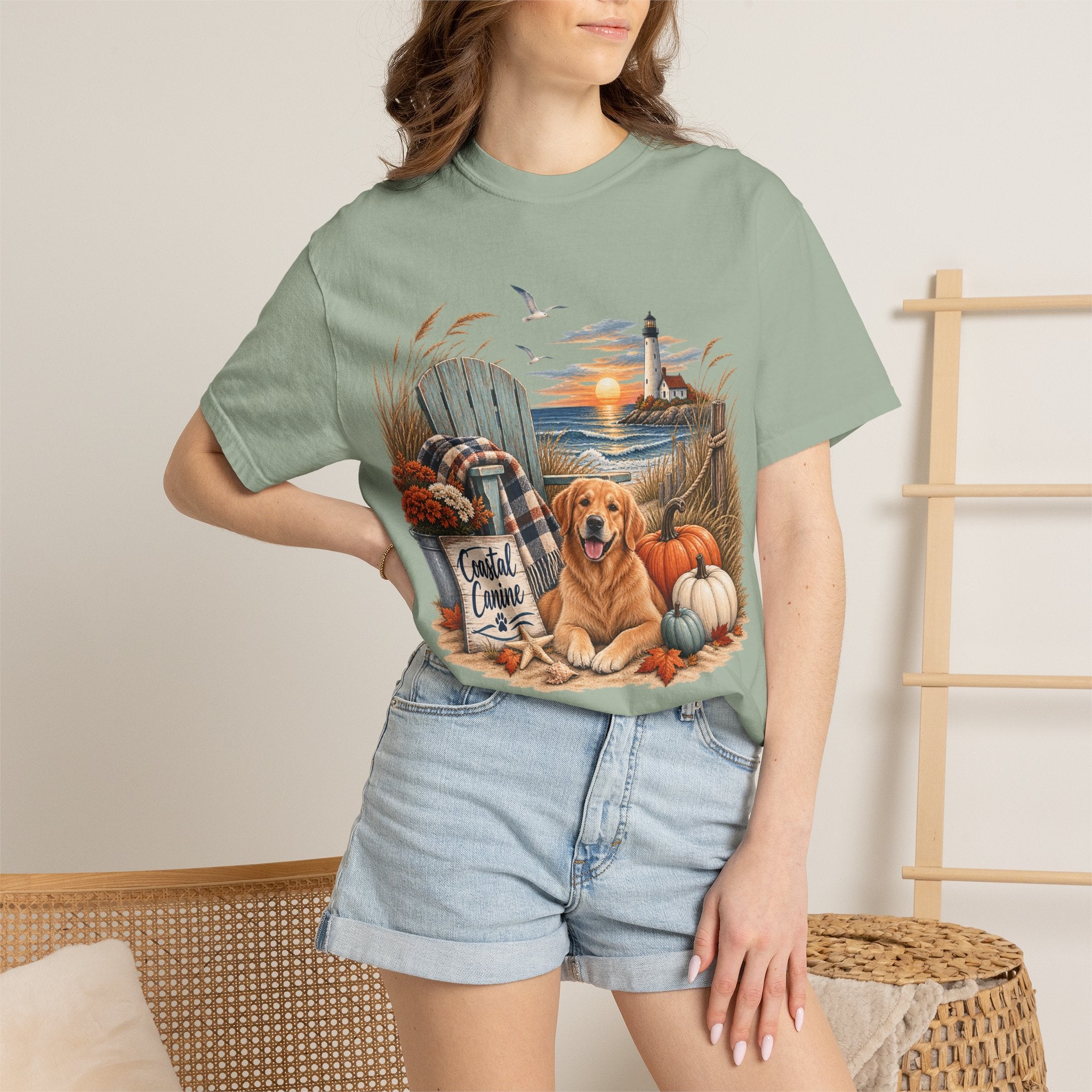Coastal Canine Fall T-Shirt — Lighthouse, Labrador & Pumpkin Beach Tee