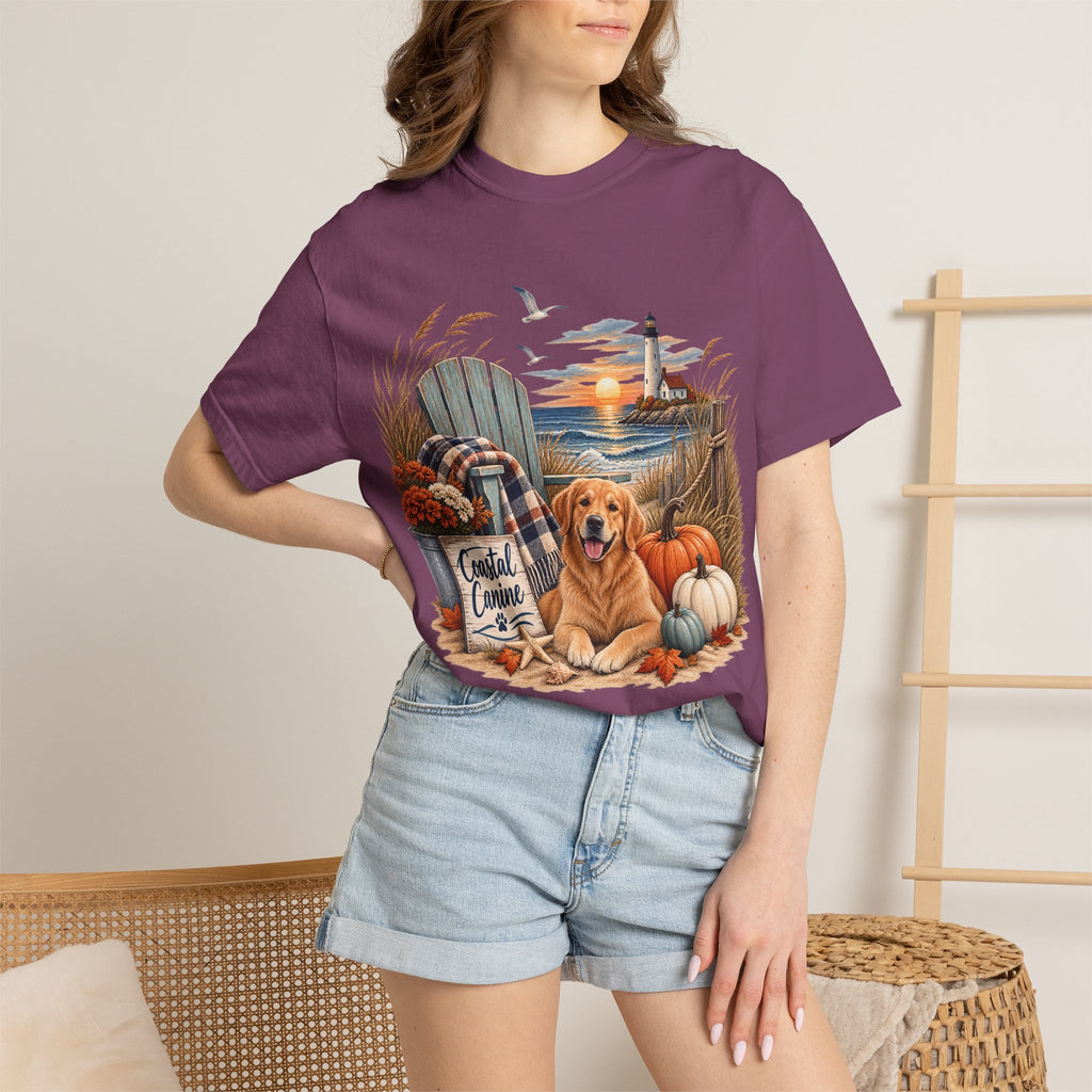 Coastal Canine Fall T-Shirt — Lighthouse, Labrador & Pumpkin Beach Tee