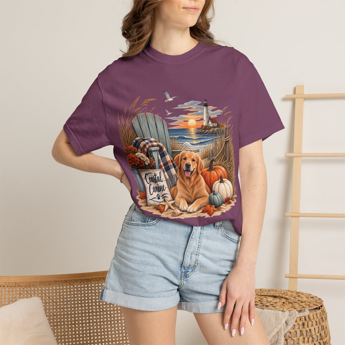 Coastal Canine Fall T-Shirt — Lighthouse, Labrador & Pumpkin Beach Tee