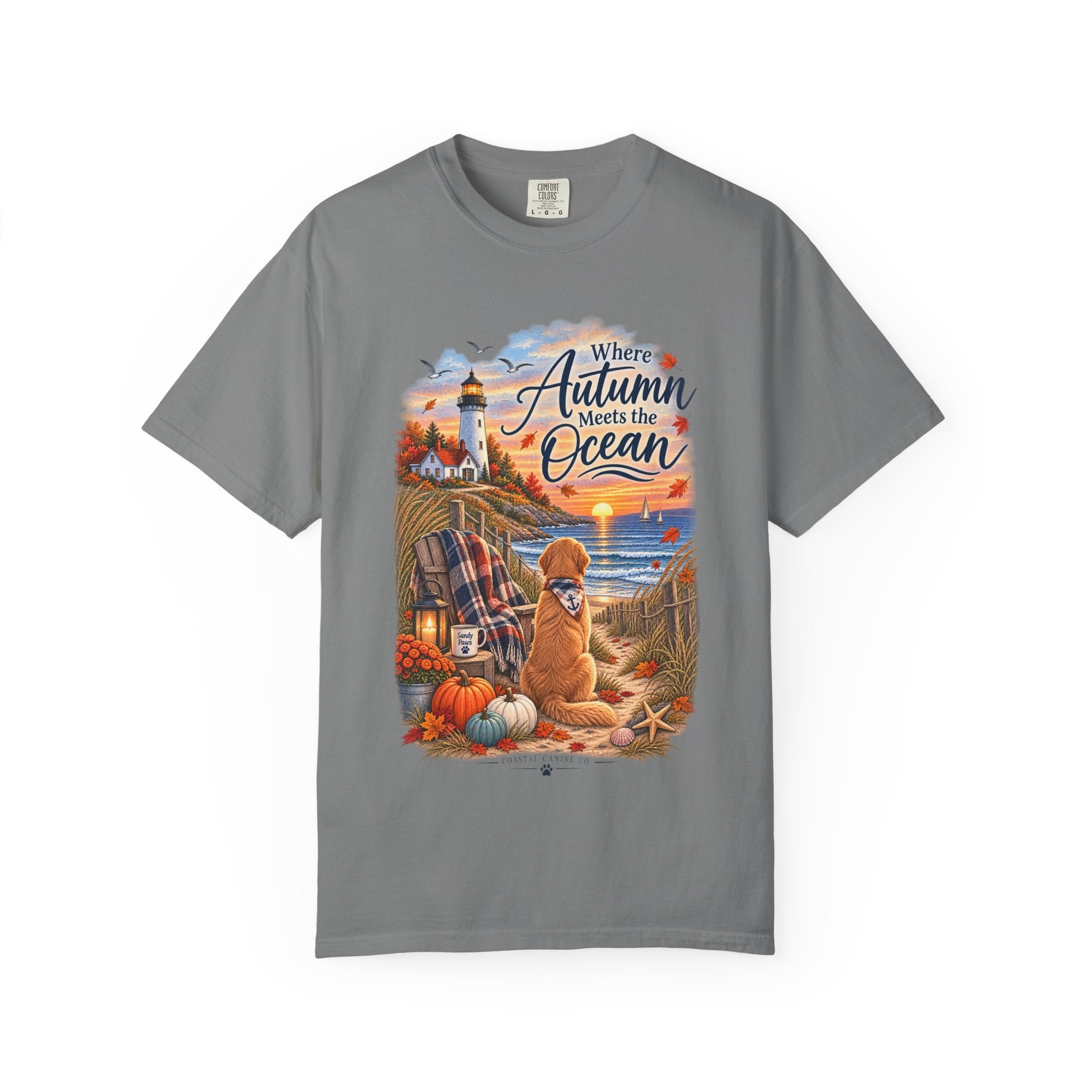 Autumn Meets the Ocean T-Shirt — Cozy Coastal Fall Tee with Golden Retriever