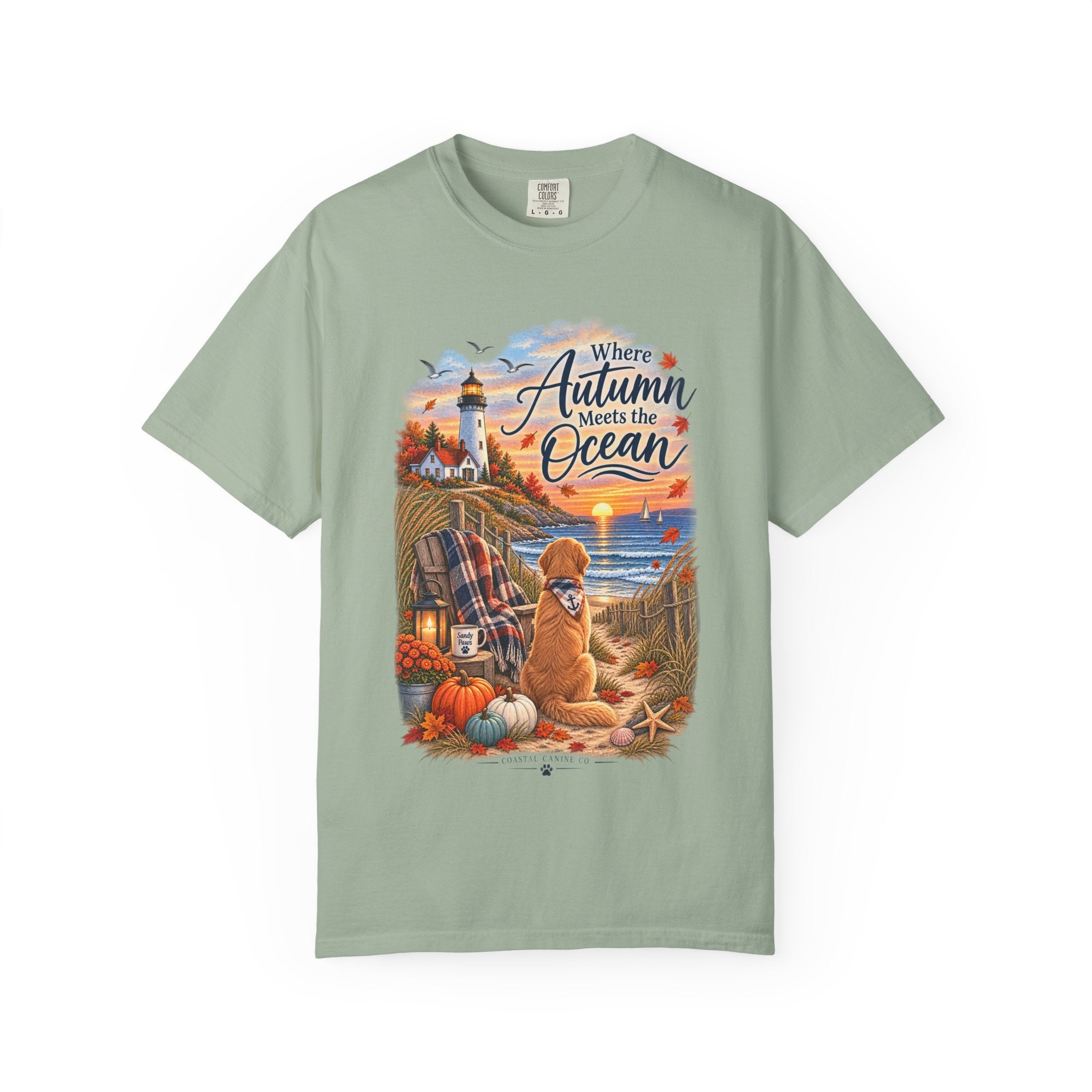 Autumn Meets the Ocean T-Shirt — Cozy Coastal Fall Tee with Golden Retriever