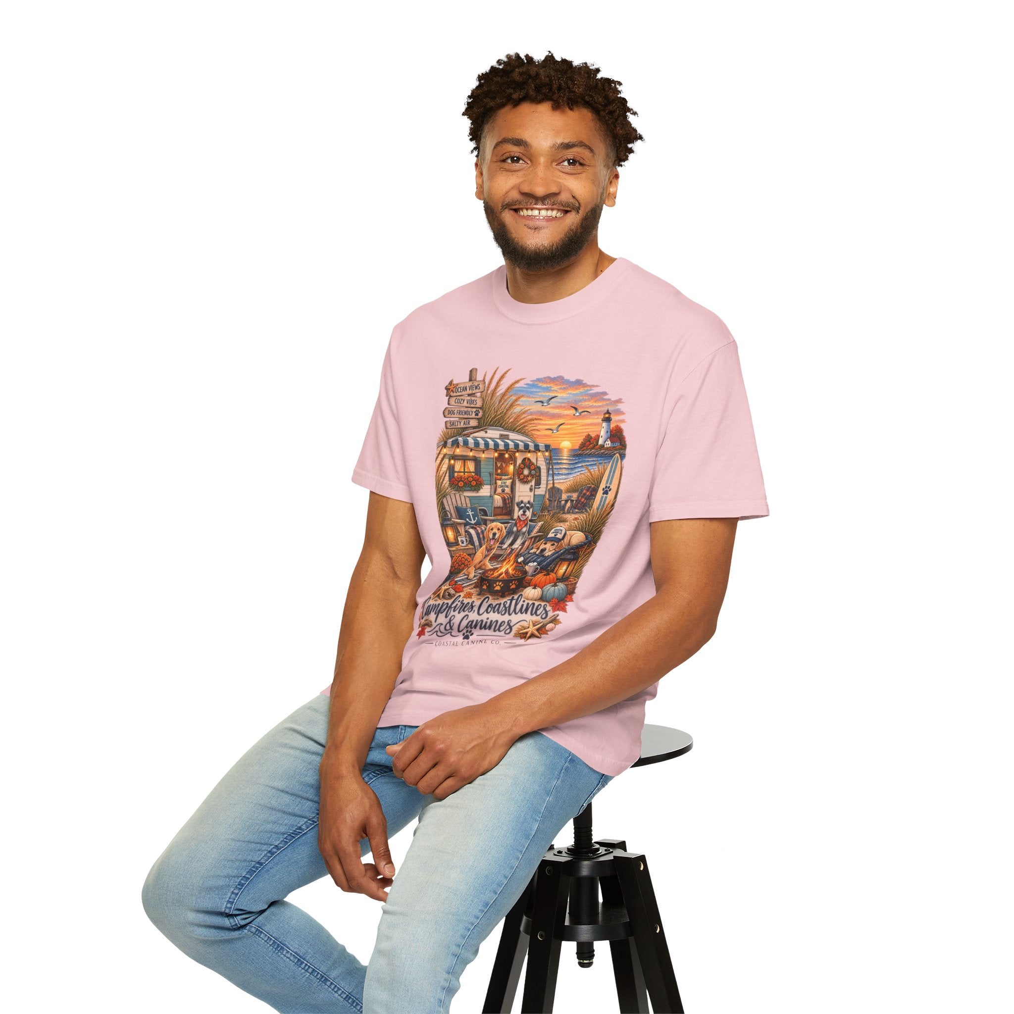 Campfires, Coastlines & Canines T-Shirt — Retro Camper Dog Camping Graphic Tee