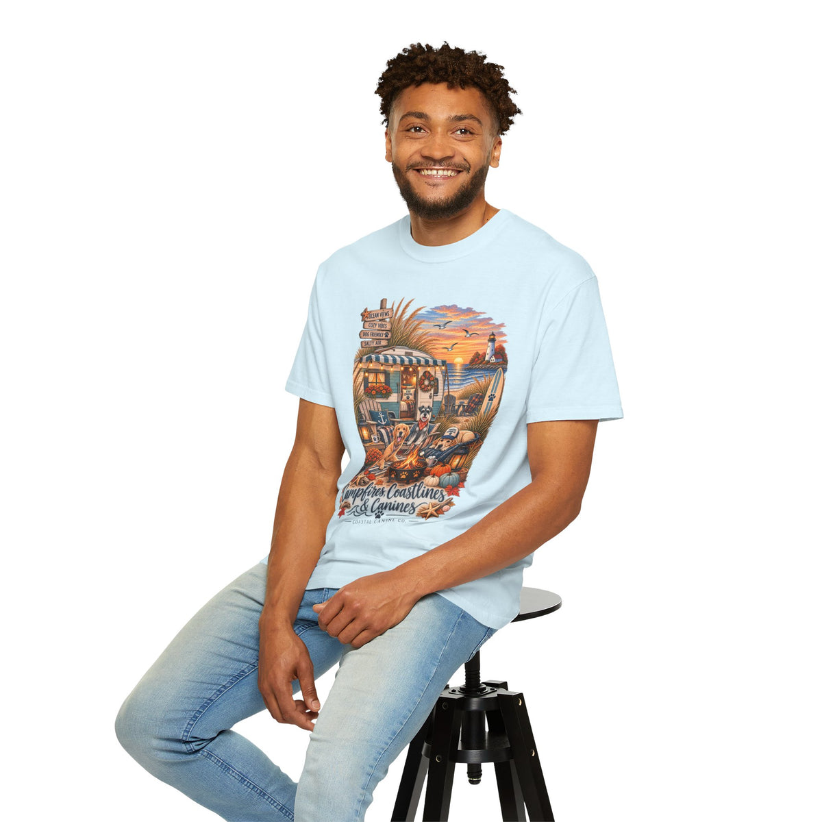 Campfires, Coastlines & Canines T-Shirt — Retro Camper Dog Camping Graphic Tee