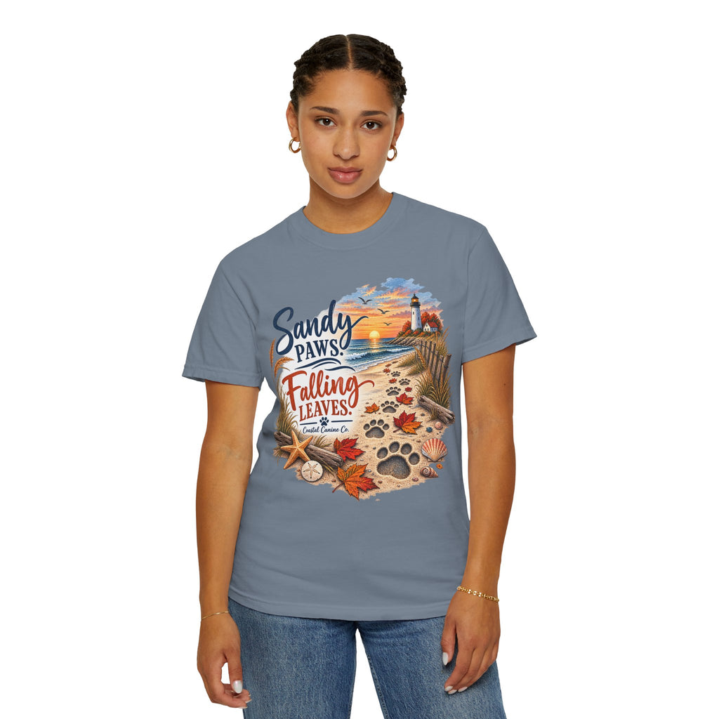 Sandy Paws Falling Leaves Beach T-Shirt — Autumn Coastal Dog Lover Tee