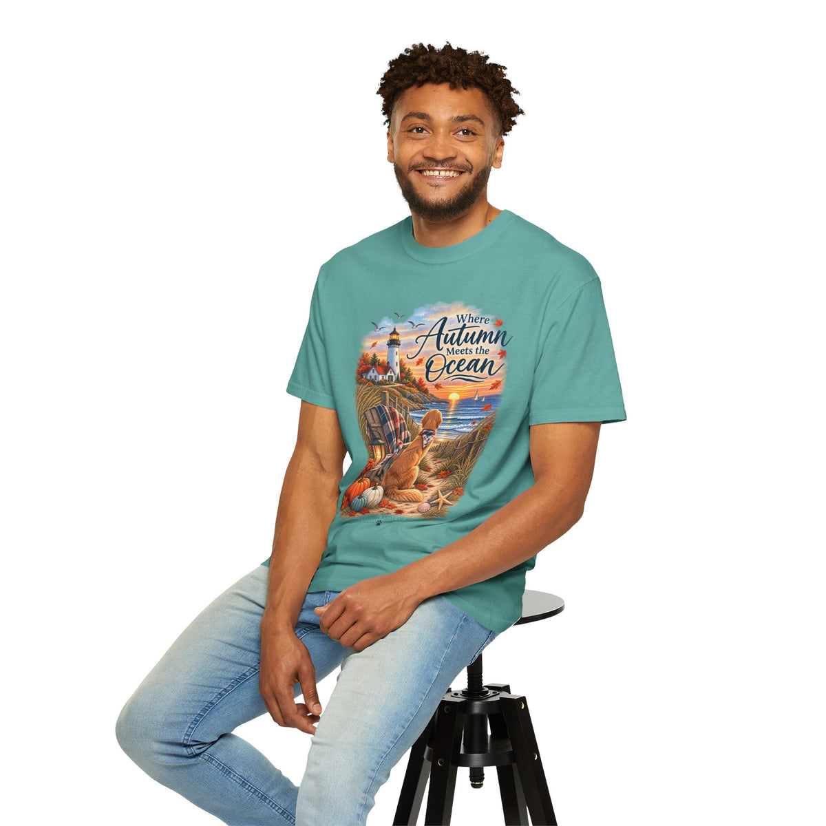 Autumn Meets the Ocean T-Shirt — Cozy Coastal Fall Tee with Golden Retriever