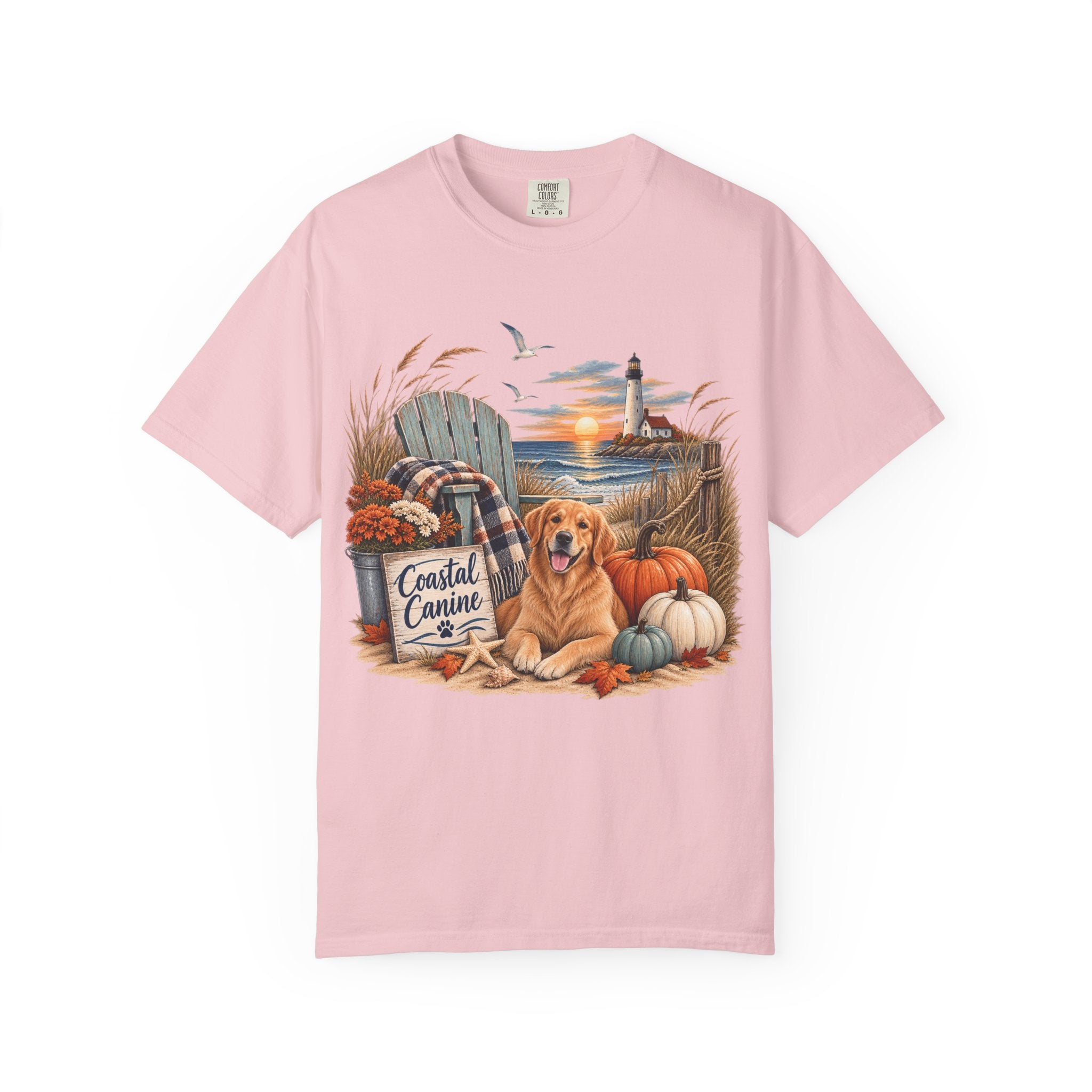 Coastal Canine Fall T-Shirt — Lighthouse, Labrador & Pumpkin Beach Tee