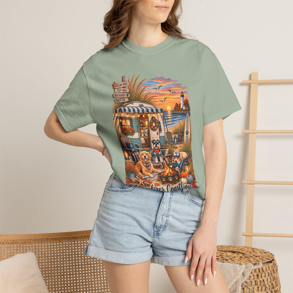 Campfires, Coastlines & Canines T-Shirt — Retro Camper Dog Camping Graphic Tee
