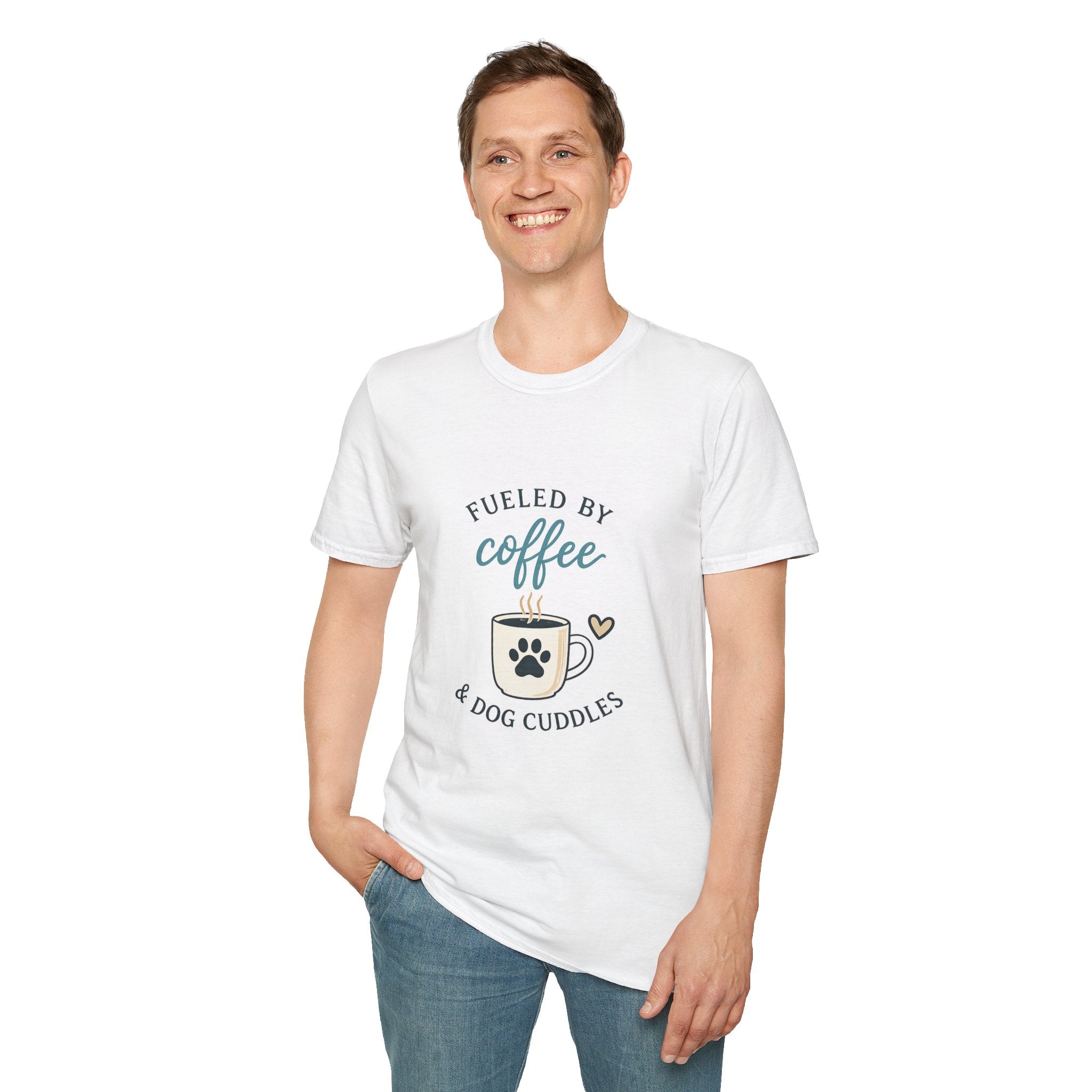 Fueled by Coffee & Dog Cuddles T-Shirt — Cute Coffee Lover Tee for Dog Moms