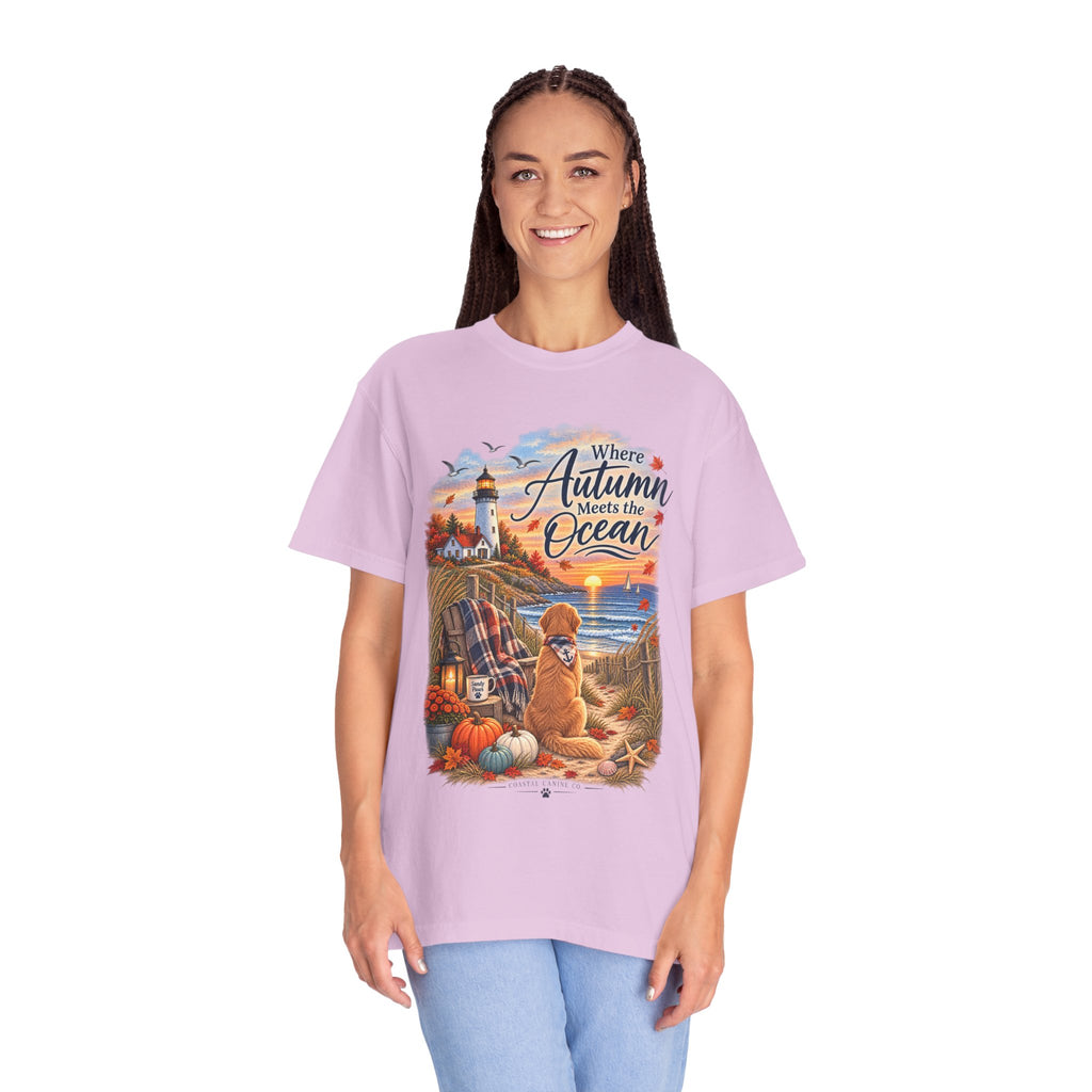 Autumn Meets the Ocean T-Shirt — Cozy Coastal Fall Tee with Golden Retriever