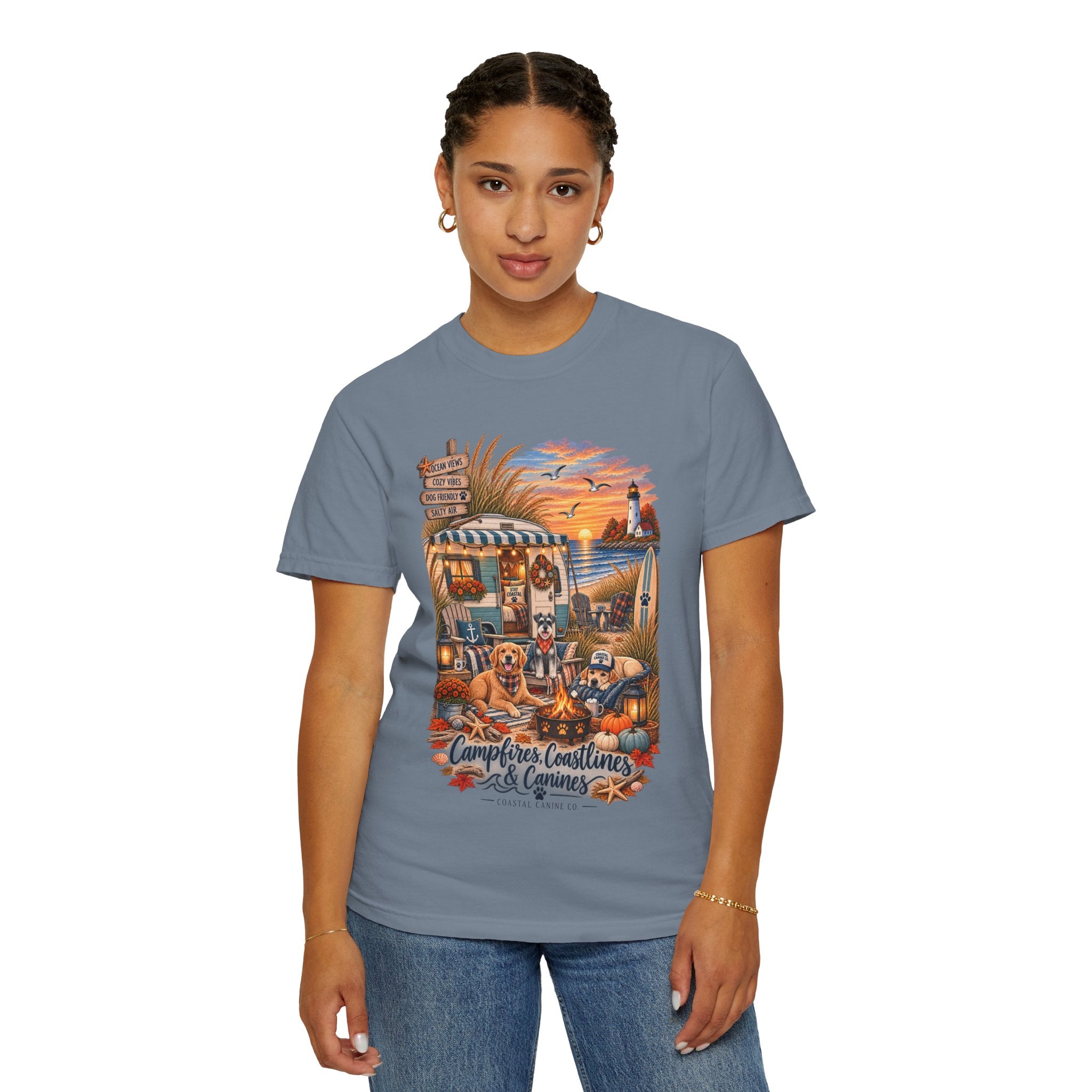 Campfires, Coastlines & Canines T-Shirt — Retro Camper Dog Camping Graphic Tee