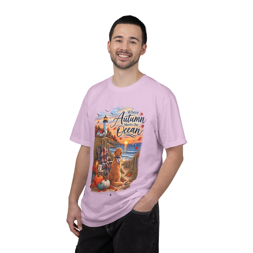 Autumn Meets the Ocean T-Shirt — Cozy Coastal Fall Tee with Golden Retriever
