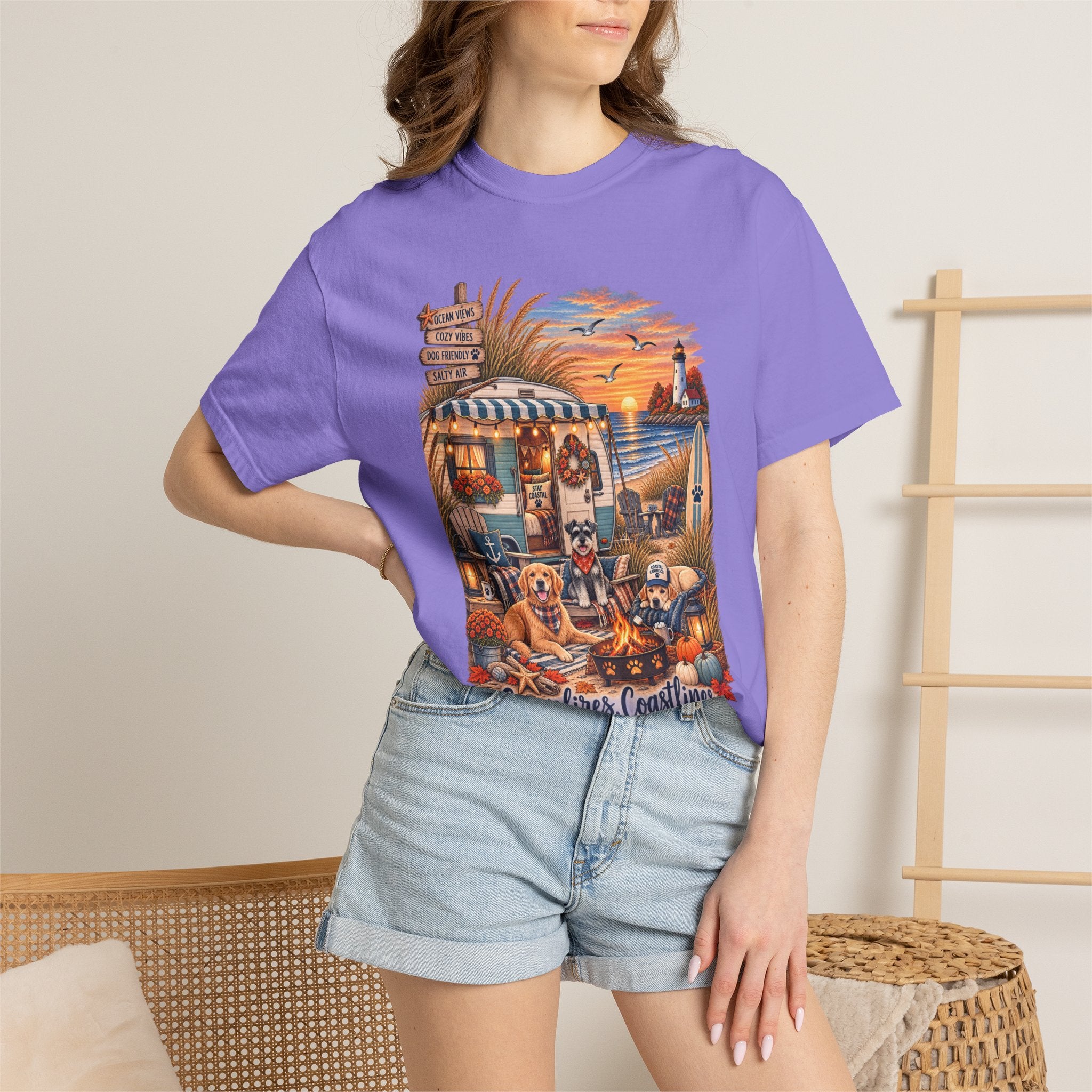 Campfires, Coastlines & Canines T-Shirt — Retro Camper Dog Camping Graphic Tee