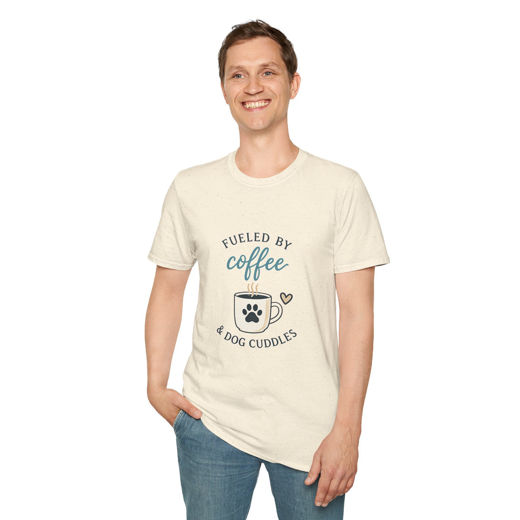 Fueled by Coffee & Dog Cuddles T-Shirt — Cute Coffee Lover Tee for Dog Moms