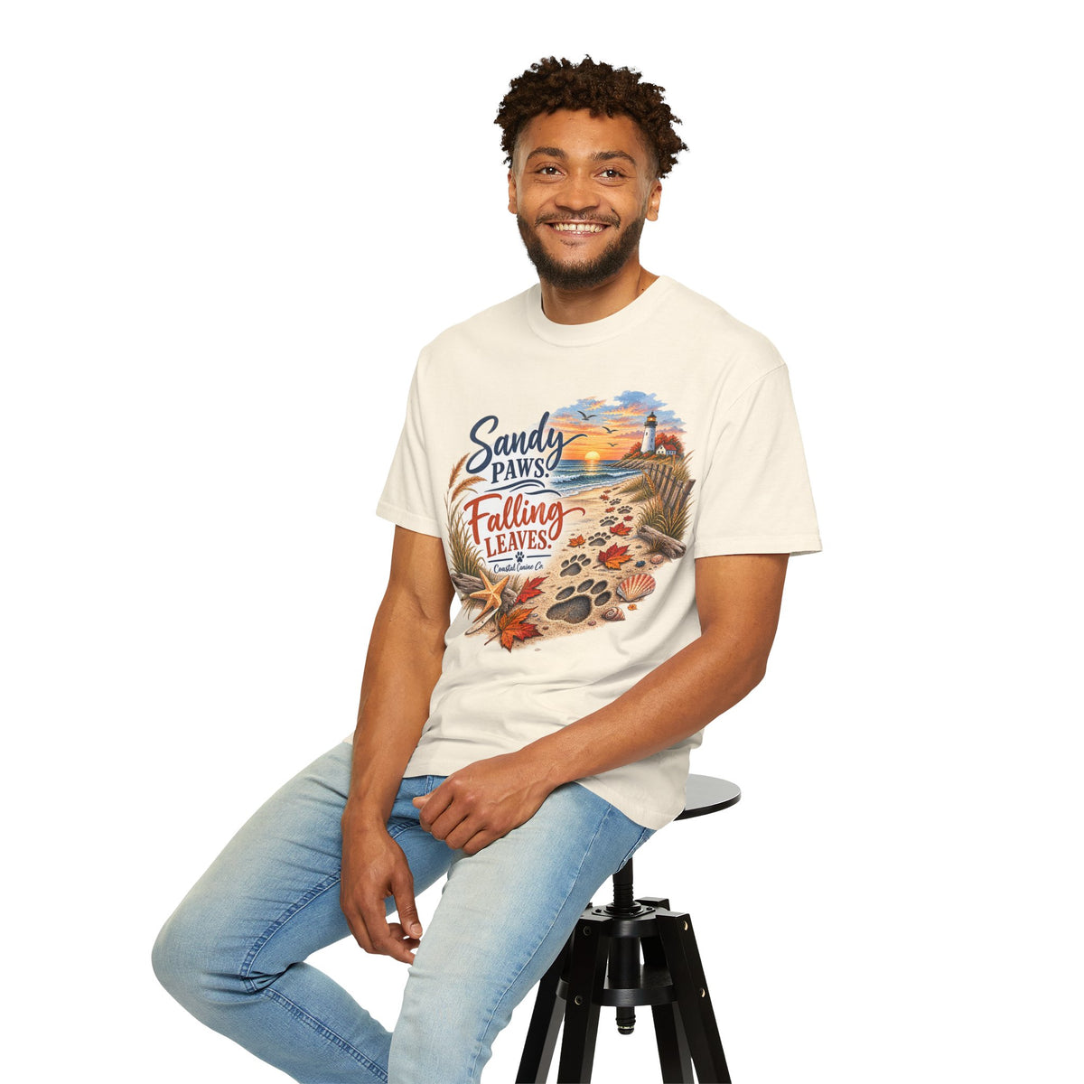 Sandy Paws Falling Leaves Beach T-Shirt — Autumn Coastal Dog Lover Tee