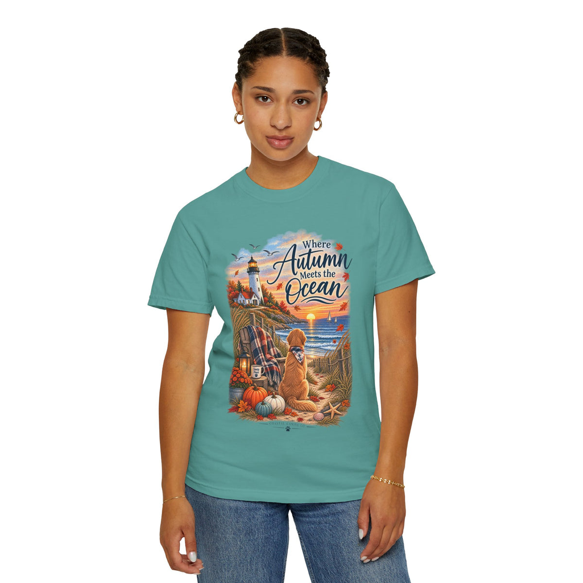 Autumn Meets the Ocean T-Shirt — Cozy Coastal Fall Tee with Golden Retriever