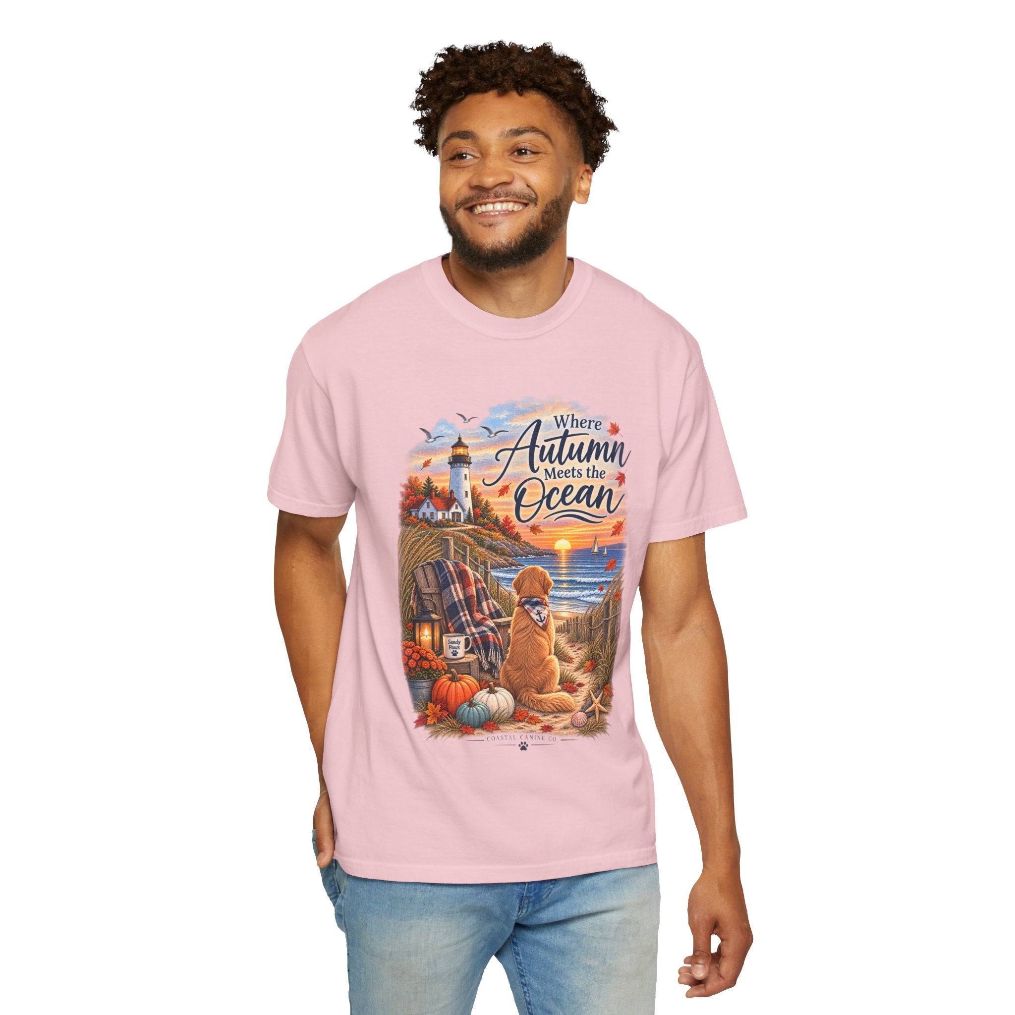Autumn Meets the Ocean T-Shirt — Cozy Coastal Fall Tee with Golden Retriever
