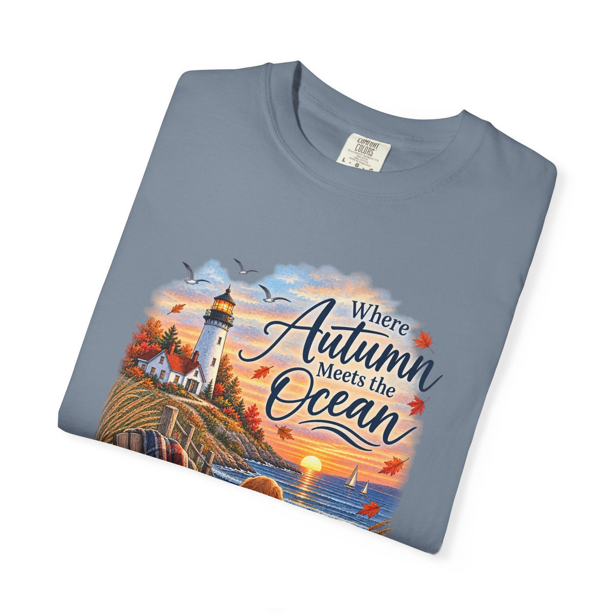 Autumn Meets the Ocean T-Shirt — Cozy Coastal Fall Tee with Golden Retriever