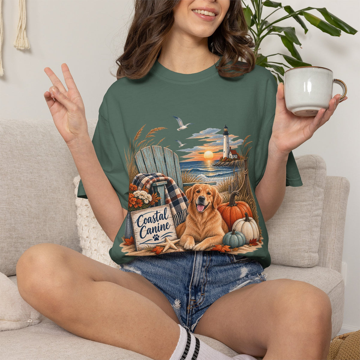Coastal Canine Fall T-Shirt — Lighthouse, Labrador & Pumpkin Beach Tee