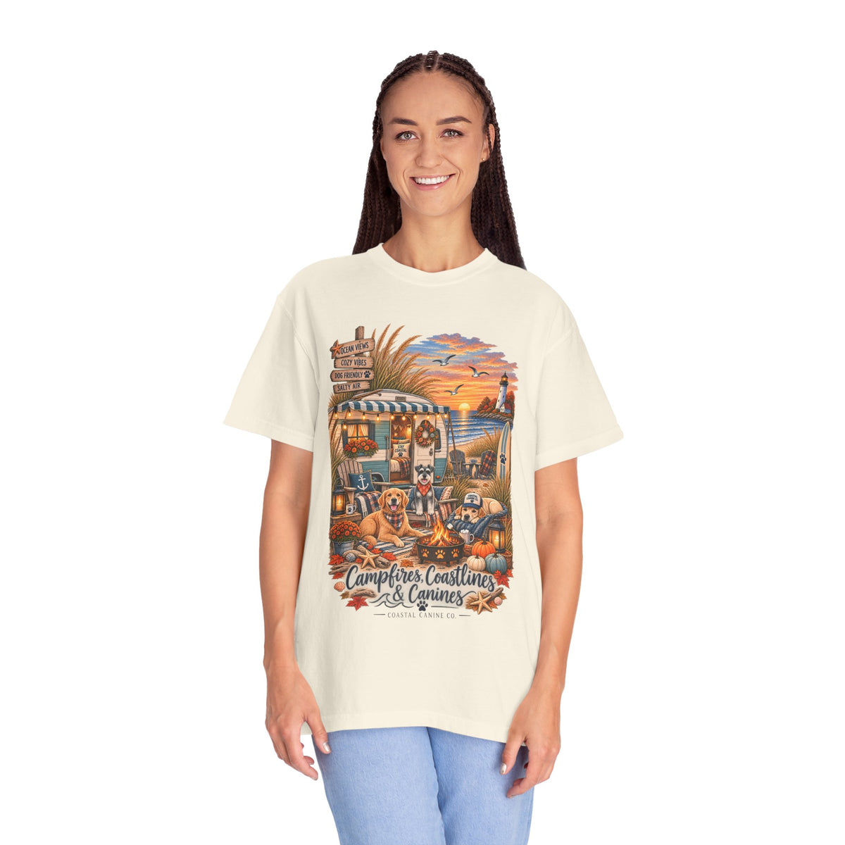 Campfires, Coastlines & Canines T-Shirt — Retro Camper Dog Camping Graphic Tee