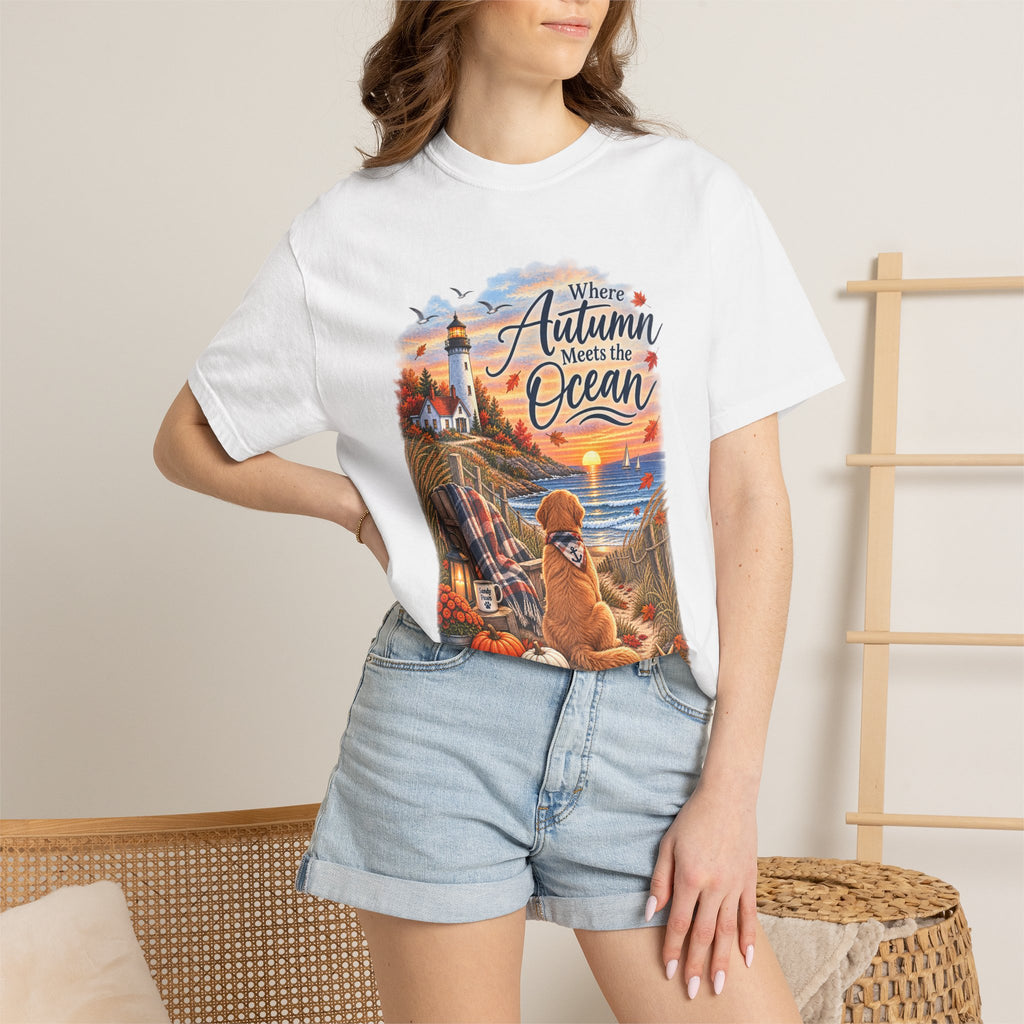 Autumn Meets the Ocean T-Shirt — Cozy Coastal Fall Tee with Golden Retriever
